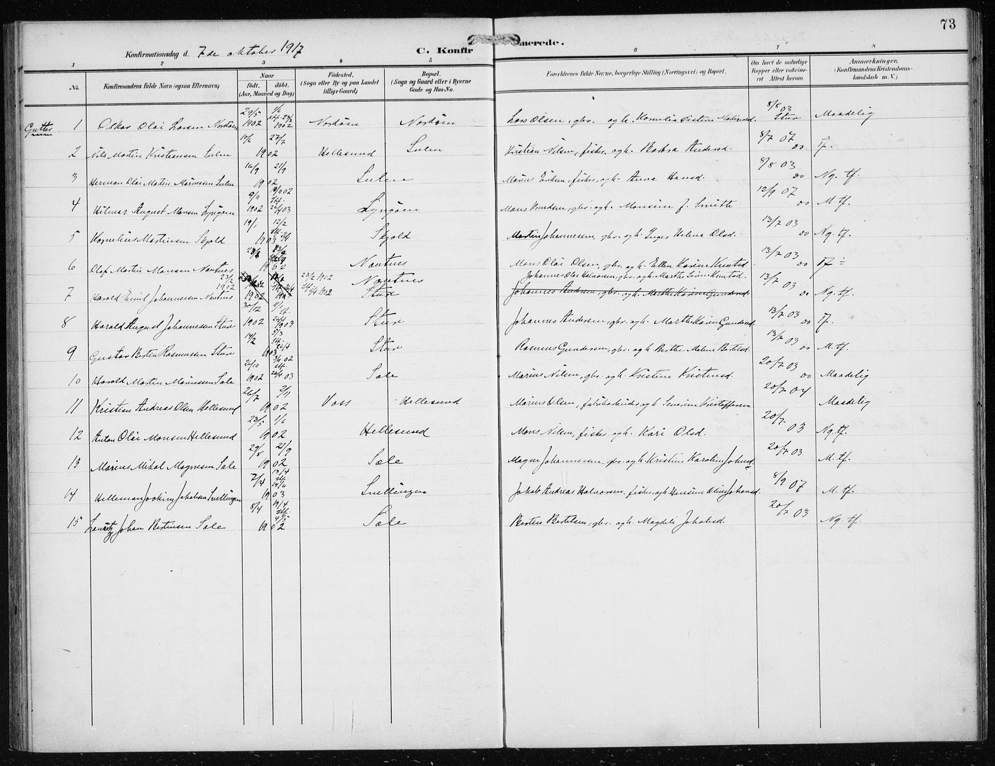 Herdla Sokneprestembete, SAB/A-75701/H/Haa: Parish register (official) no. B 1, 1902-1921, p. 73