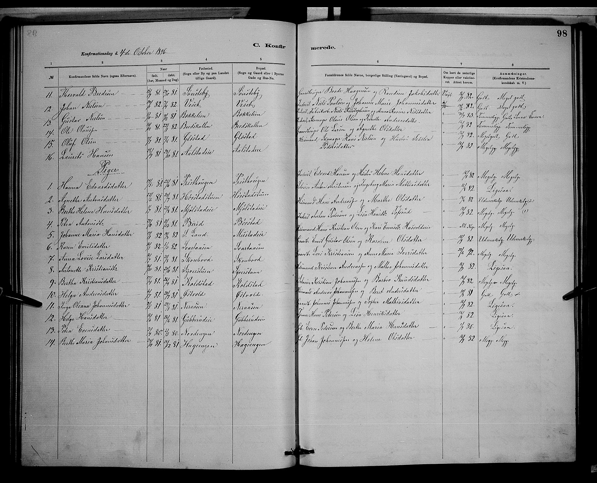 Vardal prestekontor, SAH/PREST-100/H/Ha/Hab/L0008: Parish register (copy) no. 8, 1881-1898, p. 98