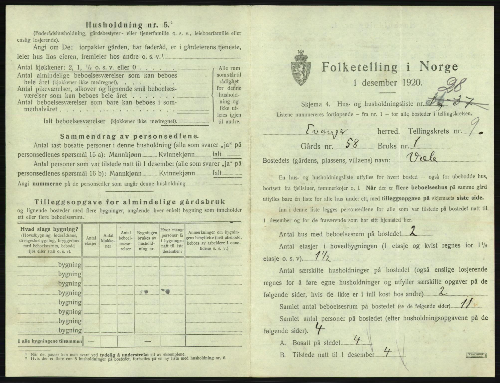 SAB, 1920 census for Evanger, 1920, p. 447