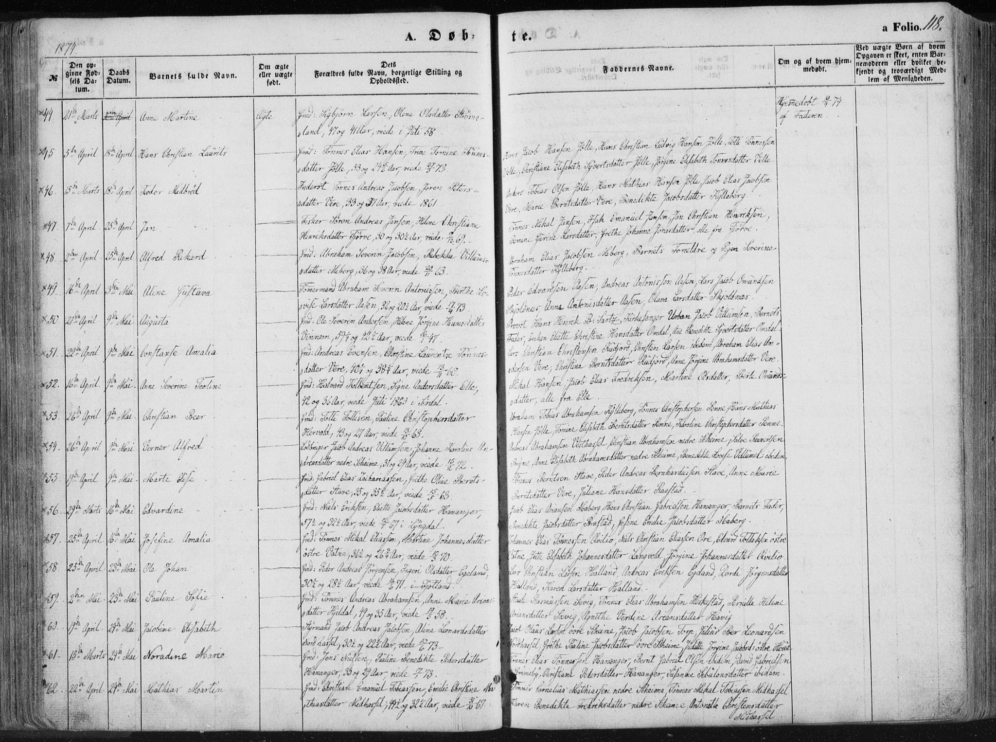 Lista sokneprestkontor, AV/SAK-1111-0027/F/Fa/L0011: Parish register (official) no. A 11, 1861-1878, p. 118