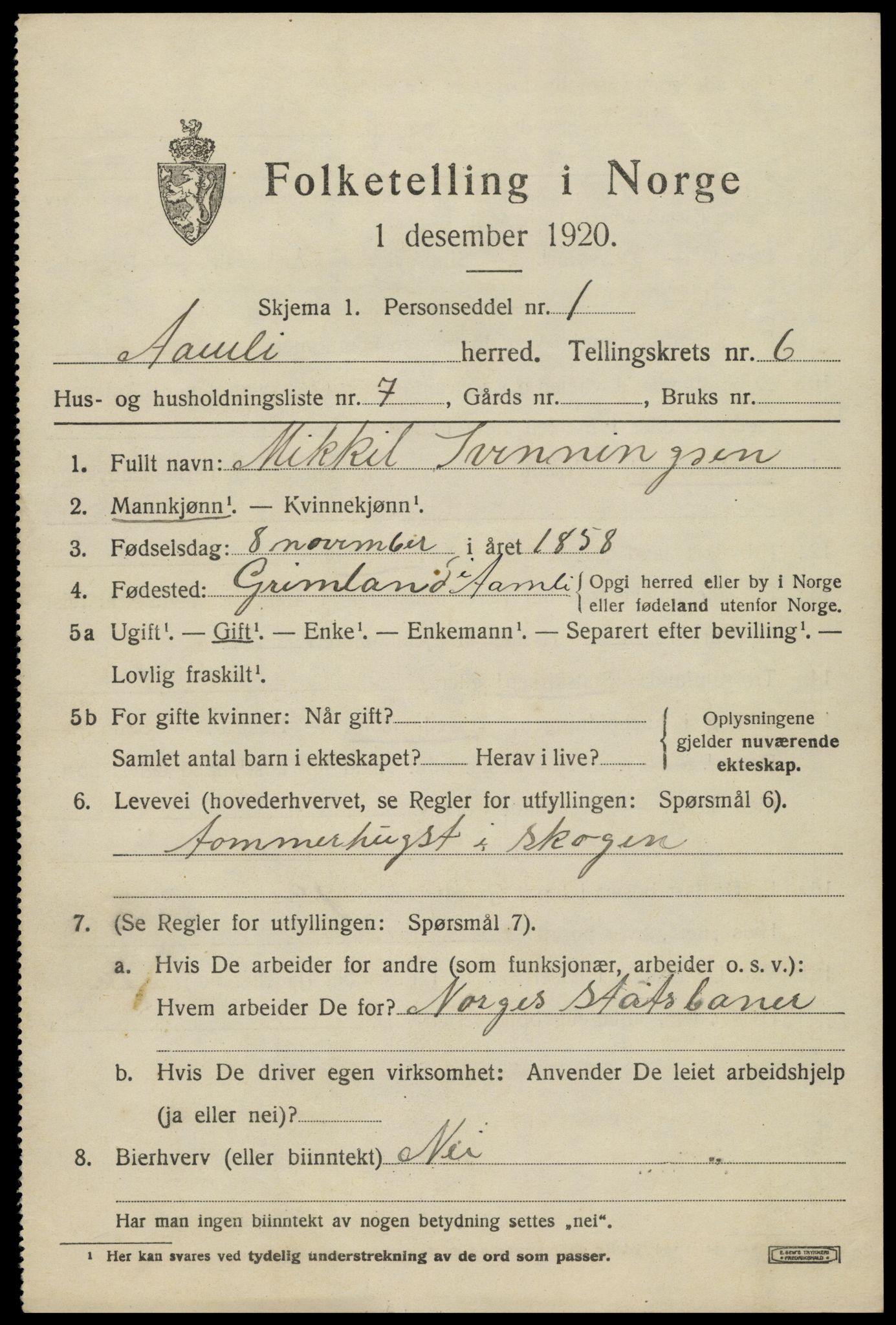 SAK, 1920 census for Åmli, 1920, p. 2695