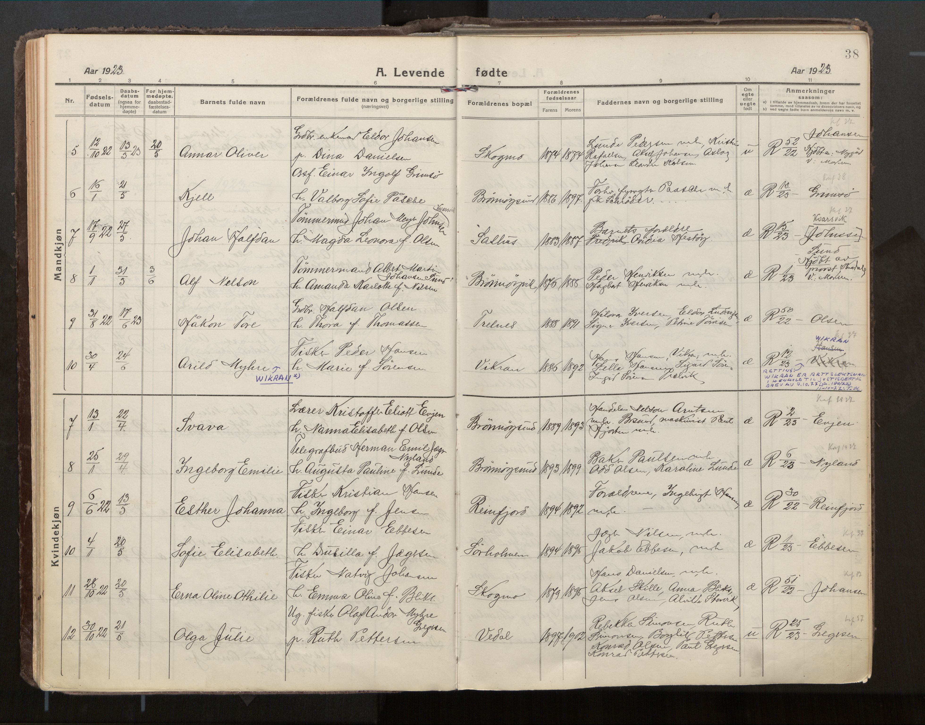 Ministerialprotokoller, klokkerbøker og fødselsregistre - Nordland, SAT/A-1459/813/L0207a: Parish register (official) no. 813A18, 1919-1927, p. 38