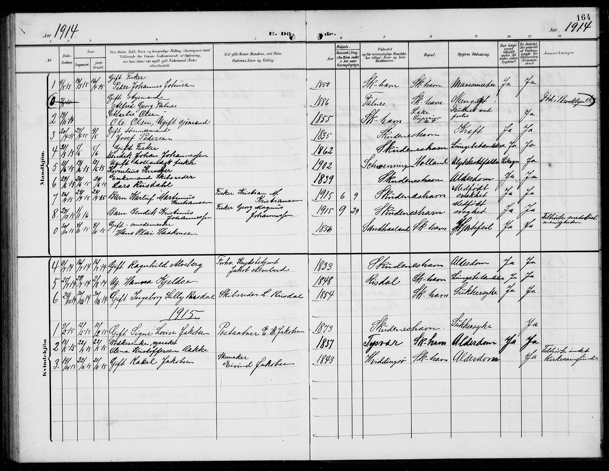 Skudenes sokneprestkontor, SAST/A -101849/H/Ha/Hab/L0010: Parish register (copy) no. B 10, 1908-1936, p. 164