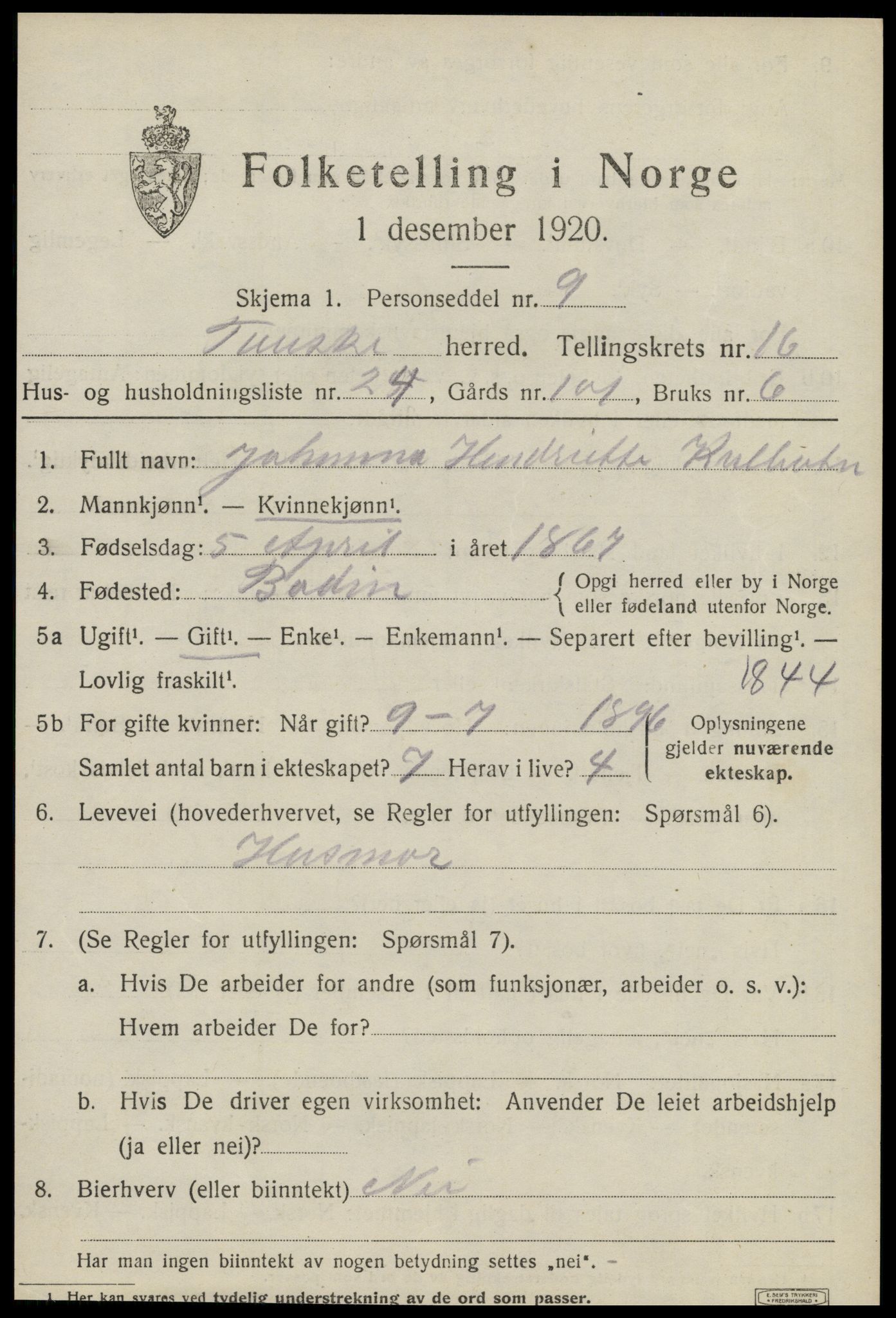 SAT, 1920 census for Fauske, 1920, p. 10110