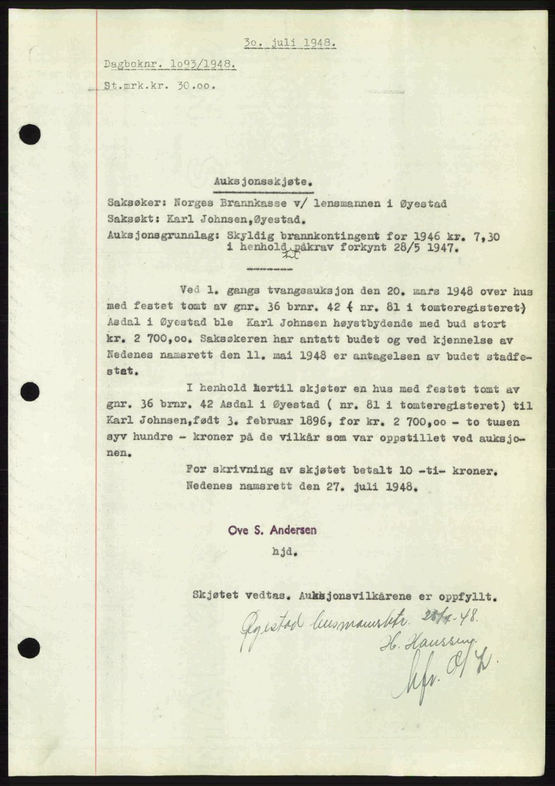 Nedenes sorenskriveri, AV/SAK-1221-0006/G/Gb/Gba/L0059: Mortgage book no. A11, 1948-1948, Diary no: : 1093/1948