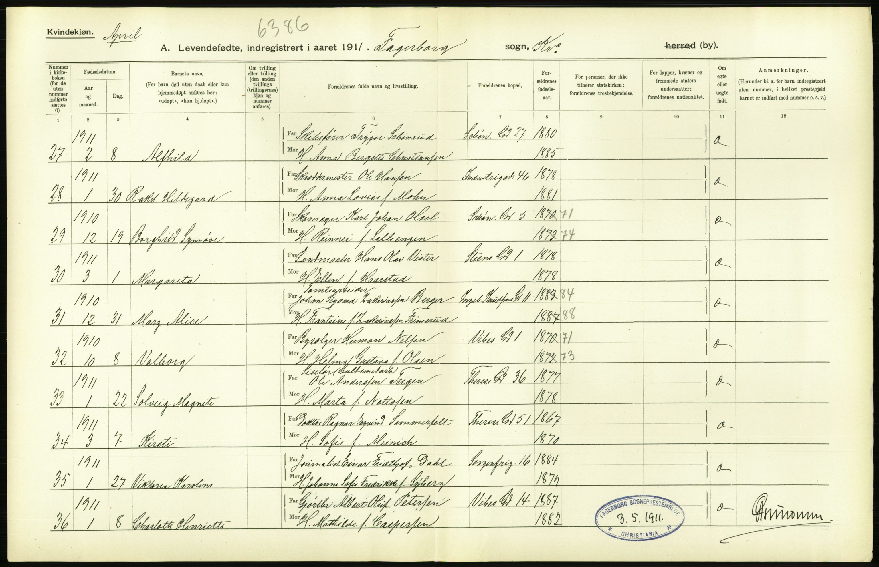 Statistisk sentralbyrå, Sosiodemografiske emner, Befolkning, AV/RA-S-2228/D/Df/Dfb/Dfba/L0007: Kristiania: Levendefødte kvinner., 1911, p. 448