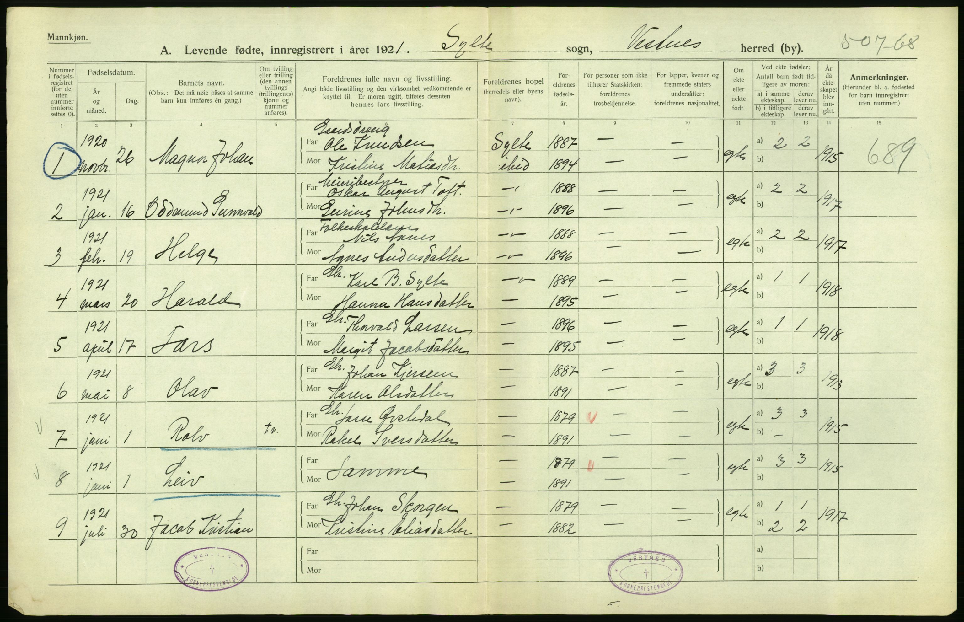 Statistisk sentralbyrå, Sosiodemografiske emner, Befolkning, RA/S-2228/D/Df/Dfc/Dfca/L0040: Møre fylke: Levendefødte menn og kvinner. Bygder., 1921, p. 332