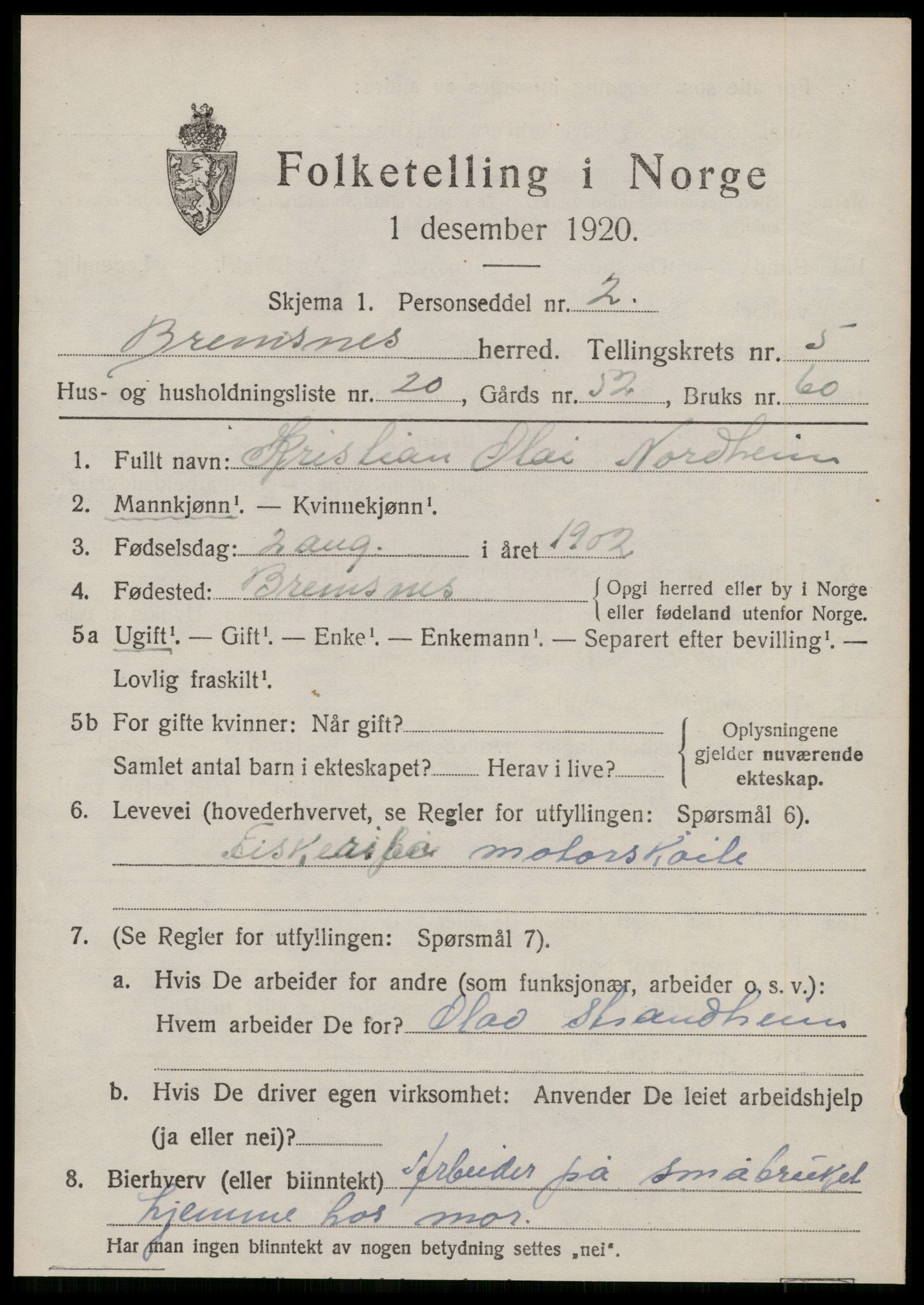 SAT, 1920 census for Bremsnes, 1920, p. 4593