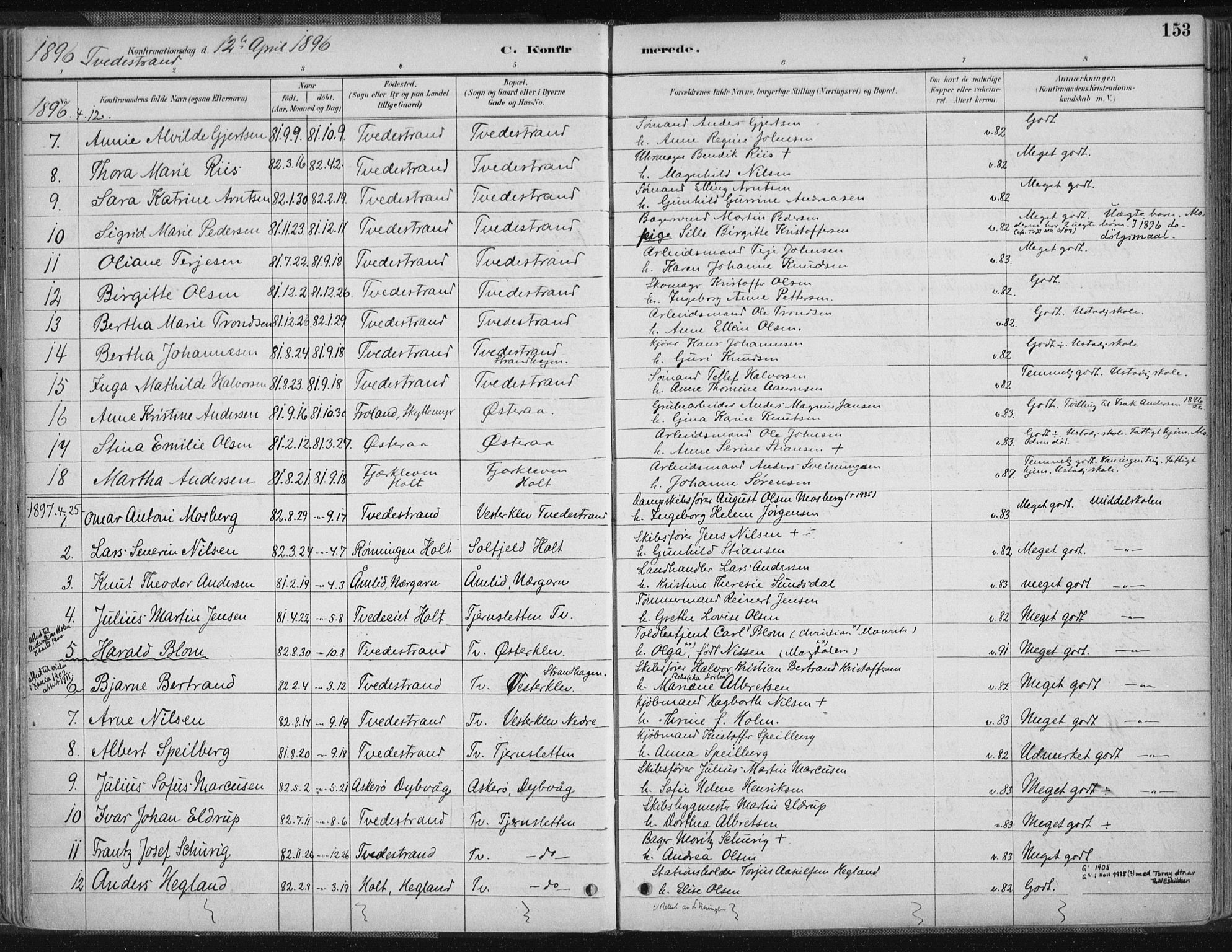 Tvedestrand sokneprestkontor, SAK/1111-0042/F/Fa/L0001: Parish register (official) no. A 1, 1885-1916, p. 153