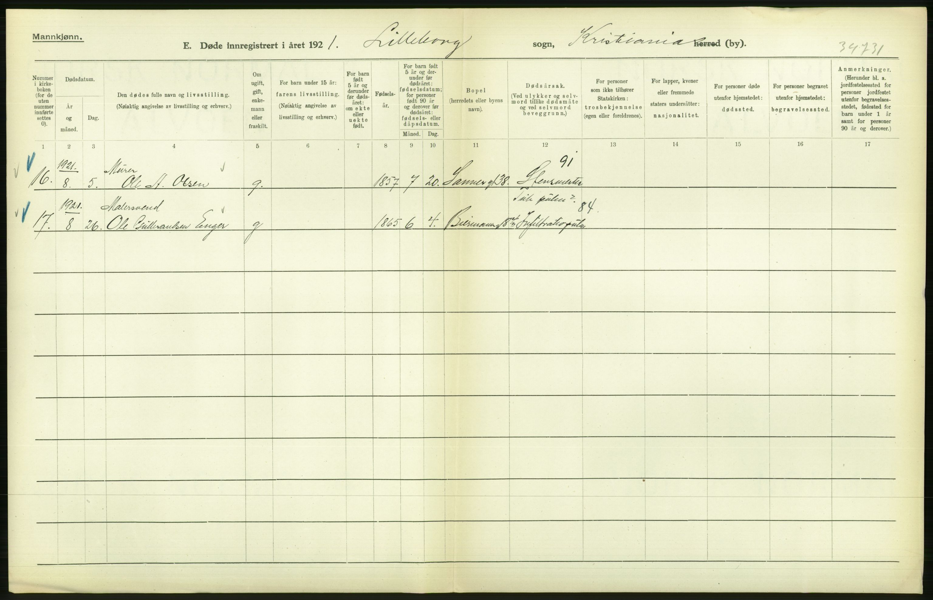 Statistisk sentralbyrå, Sosiodemografiske emner, Befolkning, AV/RA-S-2228/D/Df/Dfc/Dfca/L0012: Kristiania: Døde, 1921, p. 112