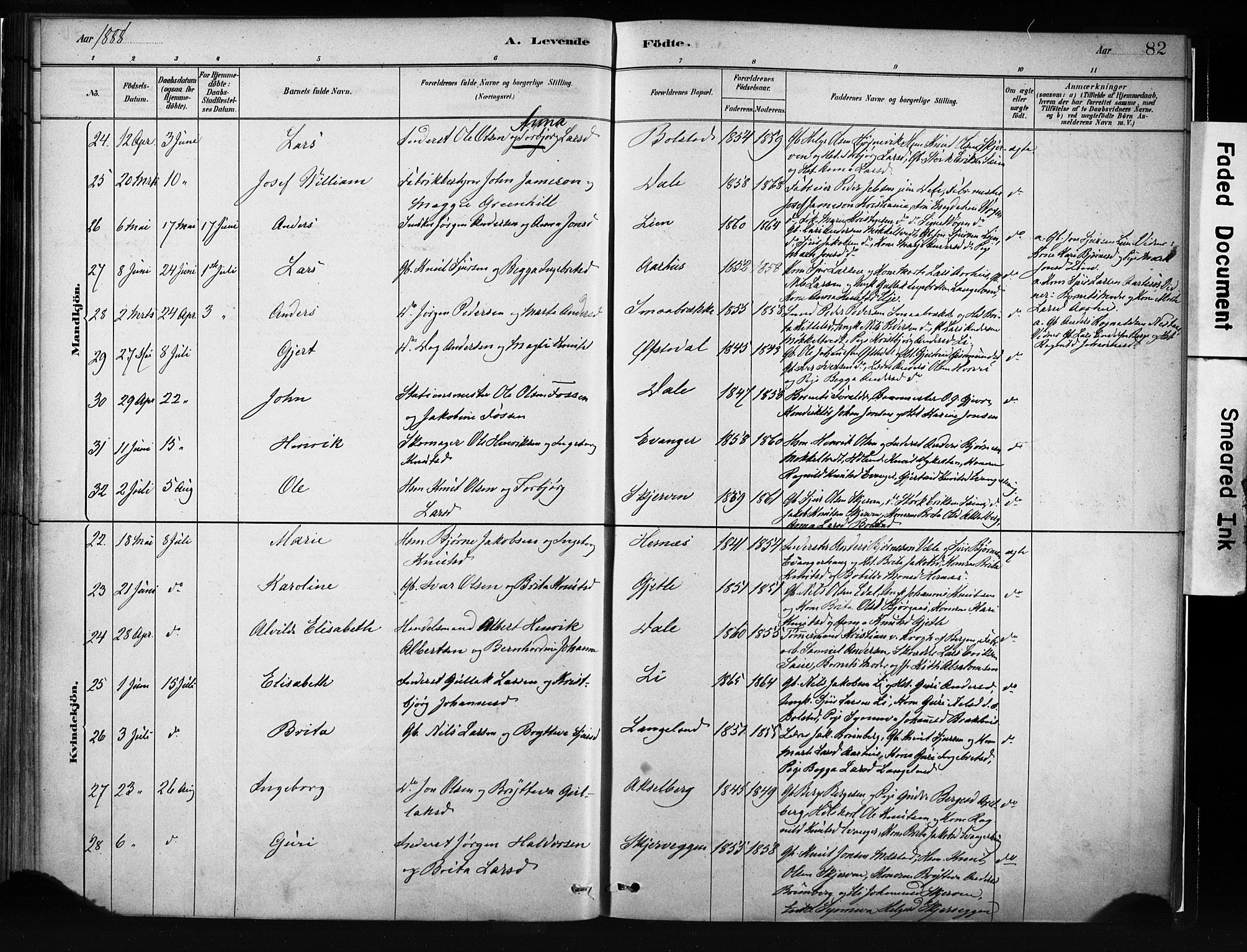 Evanger sokneprestembete, SAB/A-99924: Parish register (official) no. A 1, 1877-1899, p. 82