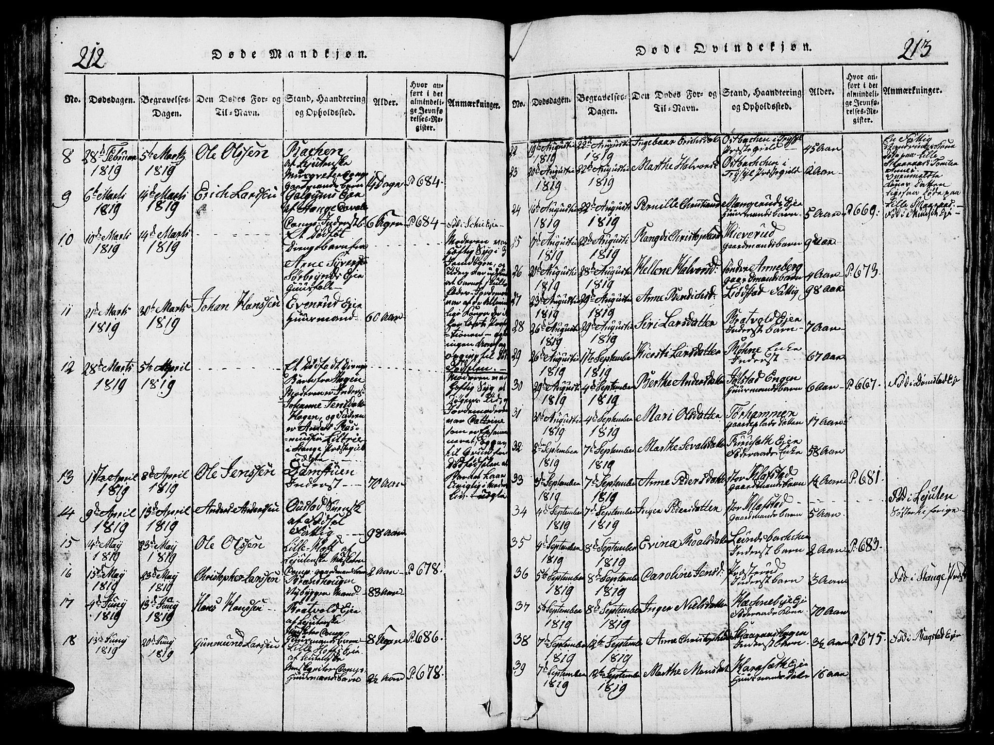 Romedal prestekontor, AV/SAH-PREST-004/L/L0005: Parish register (copy) no. 5, 1814-1829, p. 212-213