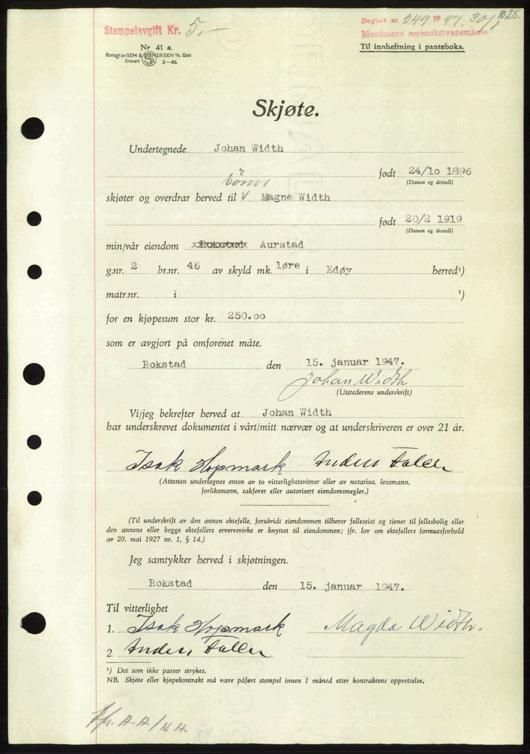 Nordmøre sorenskriveri, AV/SAT-A-4132/1/2/2Ca: Mortgage book no. A103, 1946-1947, Diary no: : 249/1947