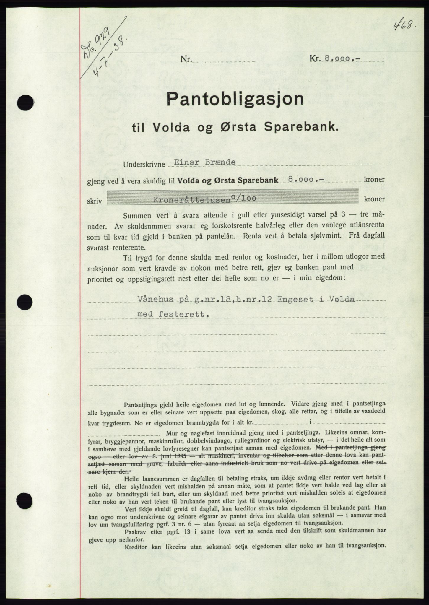 Søre Sunnmøre sorenskriveri, AV/SAT-A-4122/1/2/2C/L0065: Mortgage book no. 59, 1938-1938, Diary no: : 929/1938