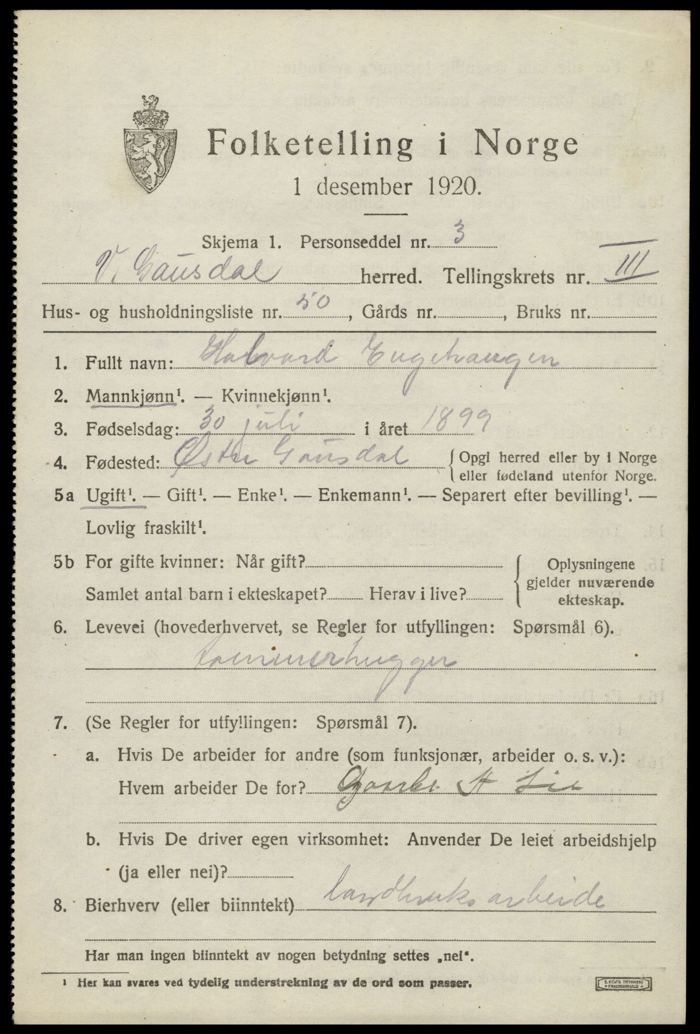 SAH, 1920 census for Vestre Gausdal, 1920, p. 3695