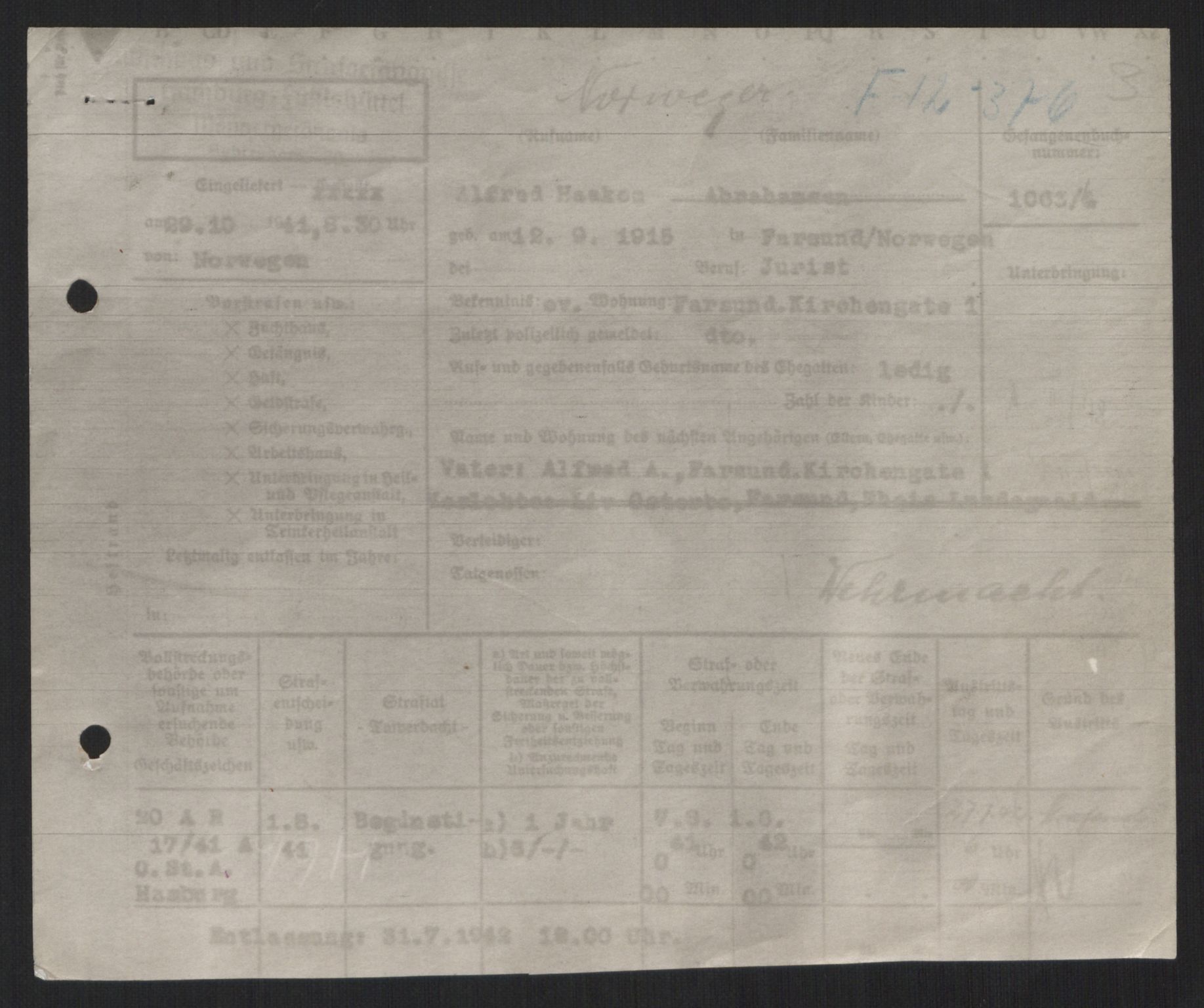 Befehlshaber der Sicherheitspolizei und des SD, AV/RA-RAFA-5969/F/Fd/L0001: Fangekartotek A-F, 1940-1945