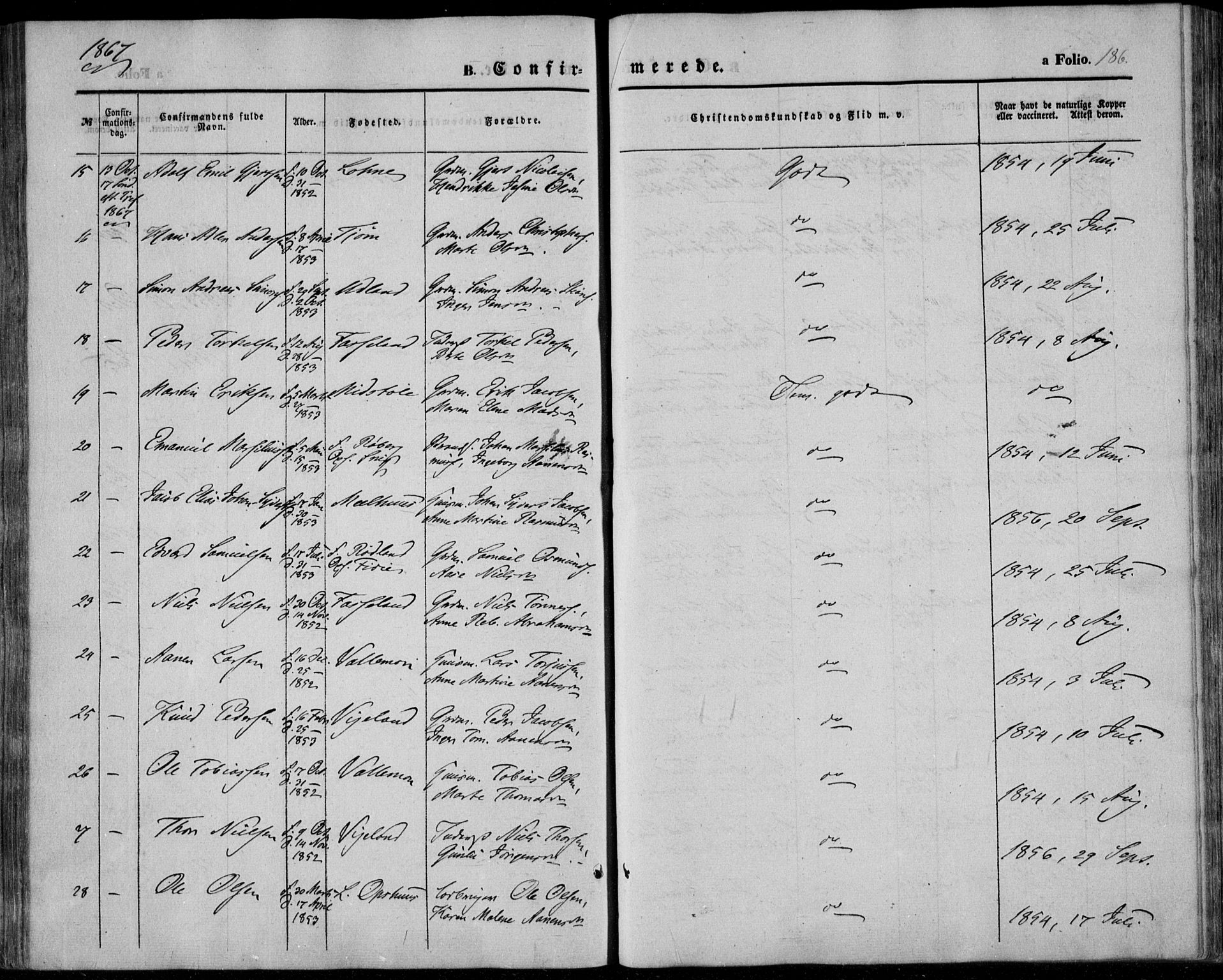 Sør-Audnedal sokneprestkontor, AV/SAK-1111-0039/F/Fa/Fab/L0007: Parish register (official) no. A 7, 1855-1876, p. 186