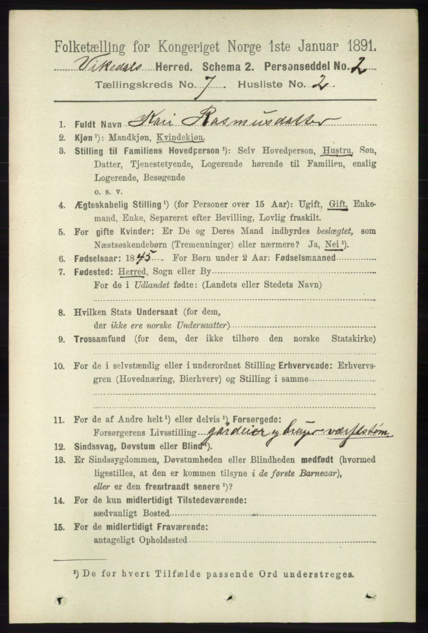 RA, 1891 census for 1157 Vikedal, 1891, p. 2043