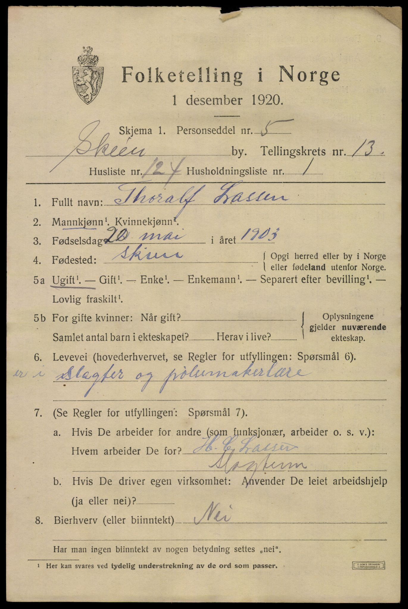 SAKO, 1920 census for Skien, 1920, p. 41500