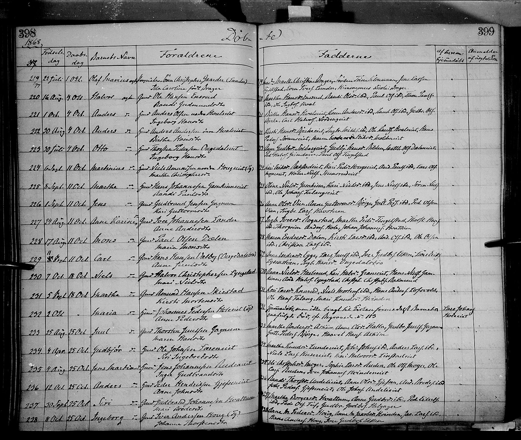 Gran prestekontor, AV/SAH-PREST-112/H/Ha/Haa/L0012: Parish register (official) no. 12, 1856-1874, p. 398-399