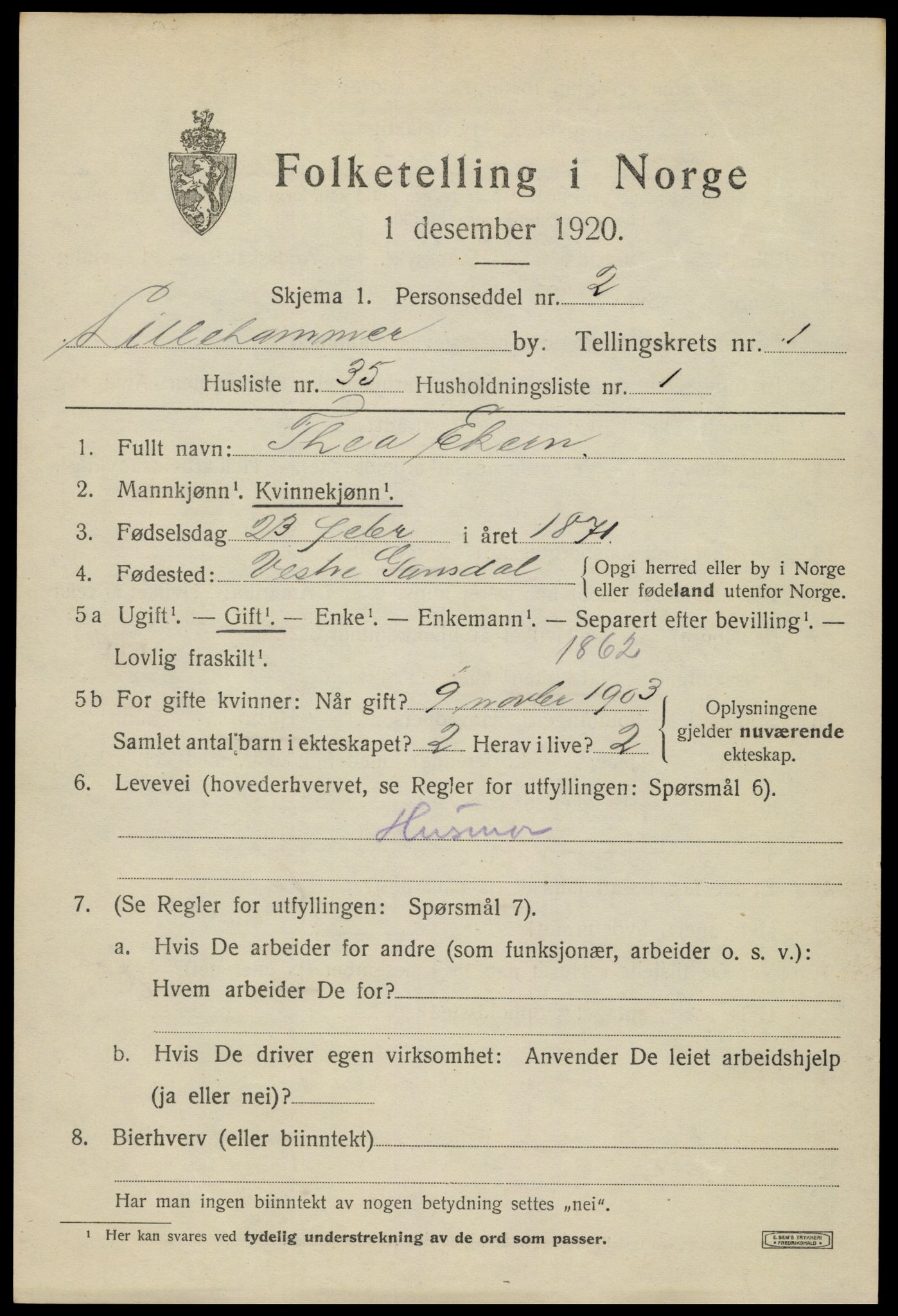 SAH, 1920 census for Lillehammer, 1920, p. 4218