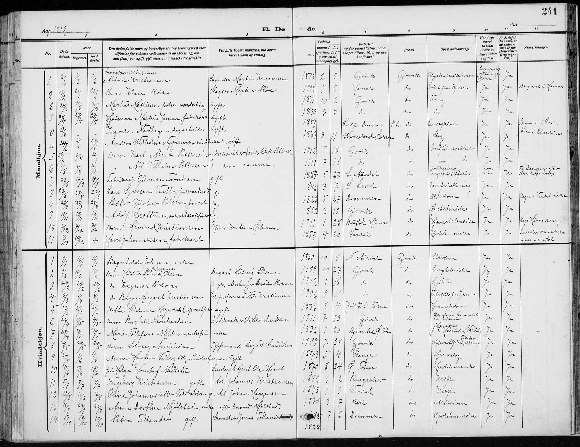 Vardal prestekontor, AV/SAH-PREST-100/H/Ha/Haa/L0014: Parish register (official) no. 14, 1912-1922, p. 241