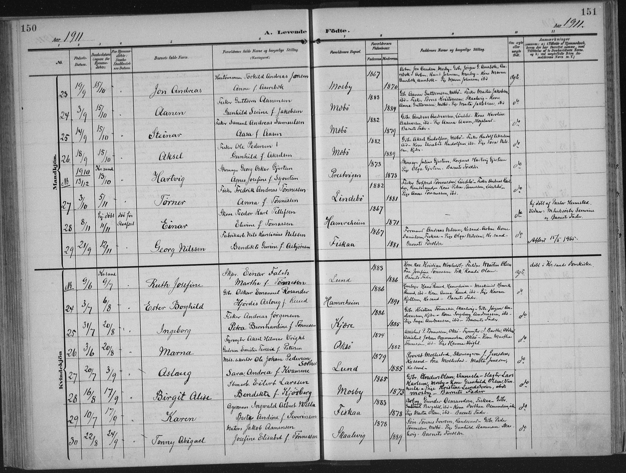 Oddernes sokneprestkontor, AV/SAK-1111-0033/F/Fa/Faa/L0011: Parish register (official) no. A 11, 1904-1911, p. 150-151