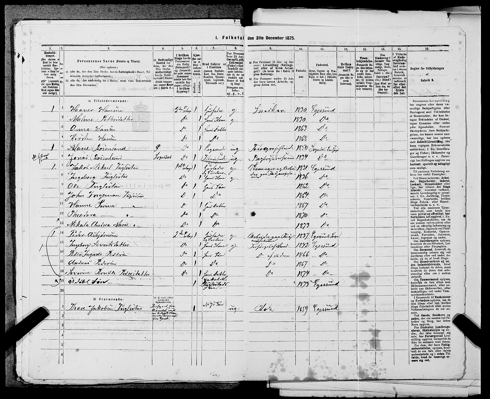 SAST, 1875 census for 1101B Eigersund parish, Egersund town, 1875, p. 199