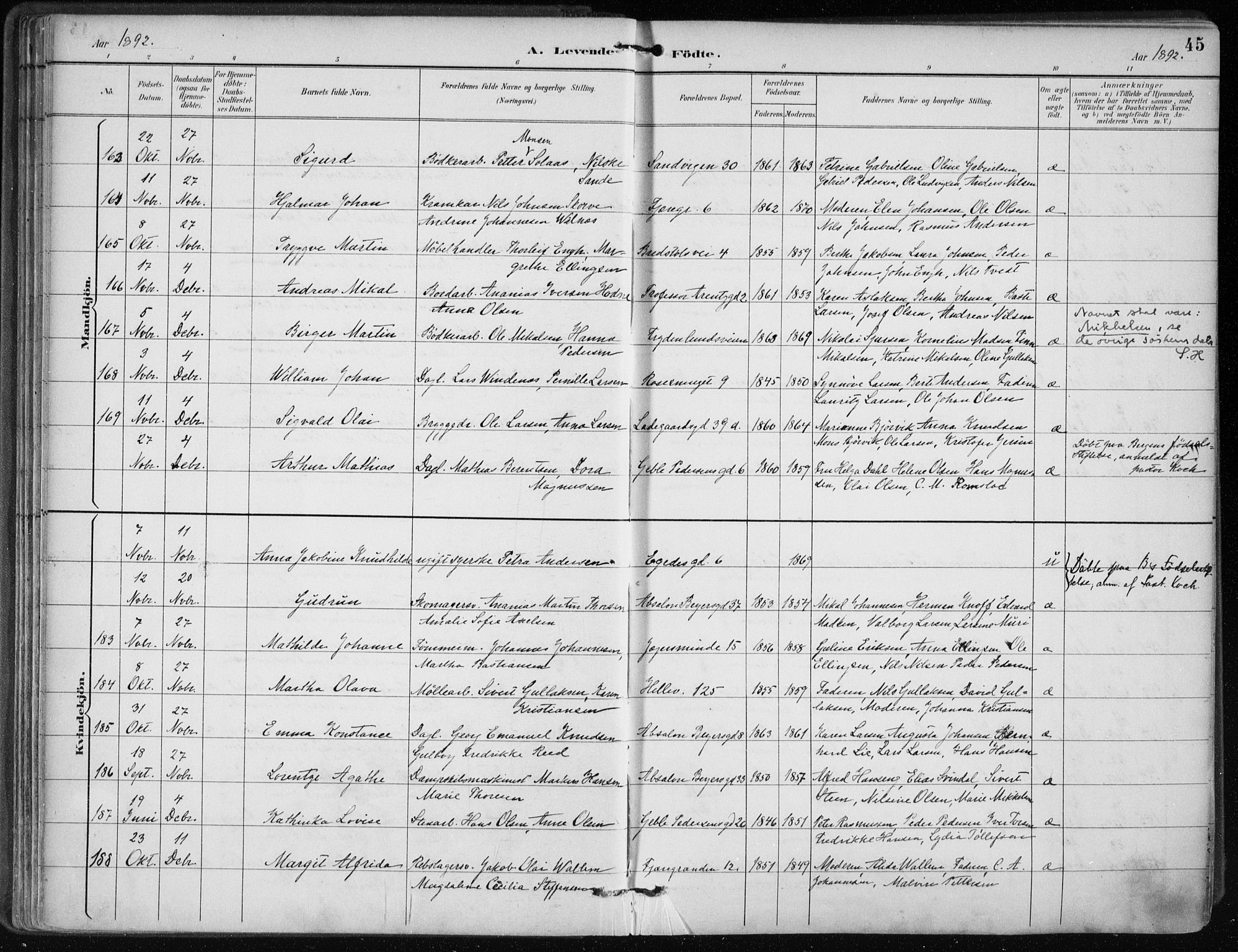 Sandviken Sokneprestembete, AV/SAB-A-77601/H/Ha/L0005: Parish register (official) no. B 2, 1891-1901, p. 45