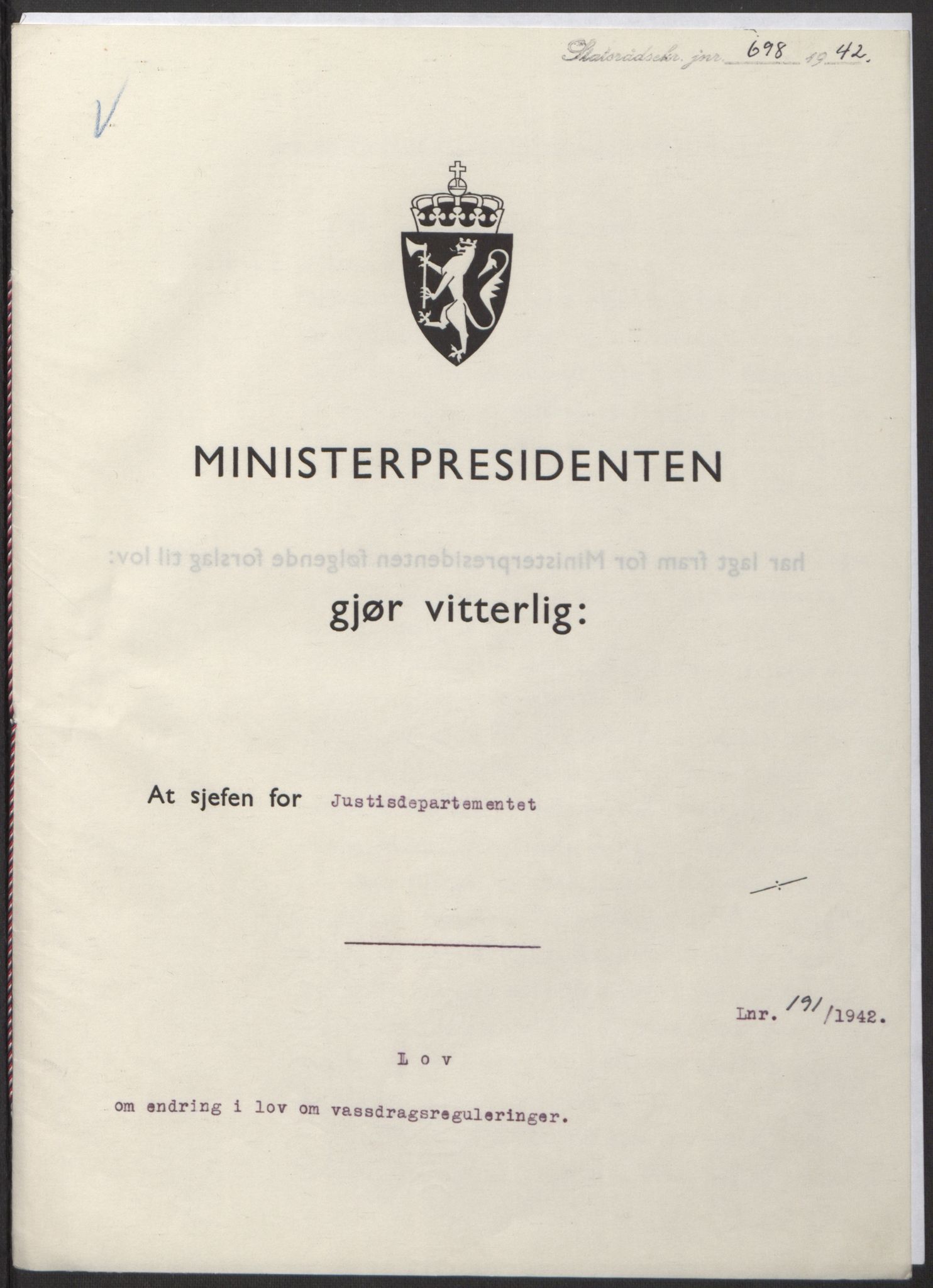 NS-administrasjonen 1940-1945 (Statsrådsekretariatet, de kommisariske statsråder mm), RA/S-4279/D/Db/L0098: Lover II, 1942, p. 369