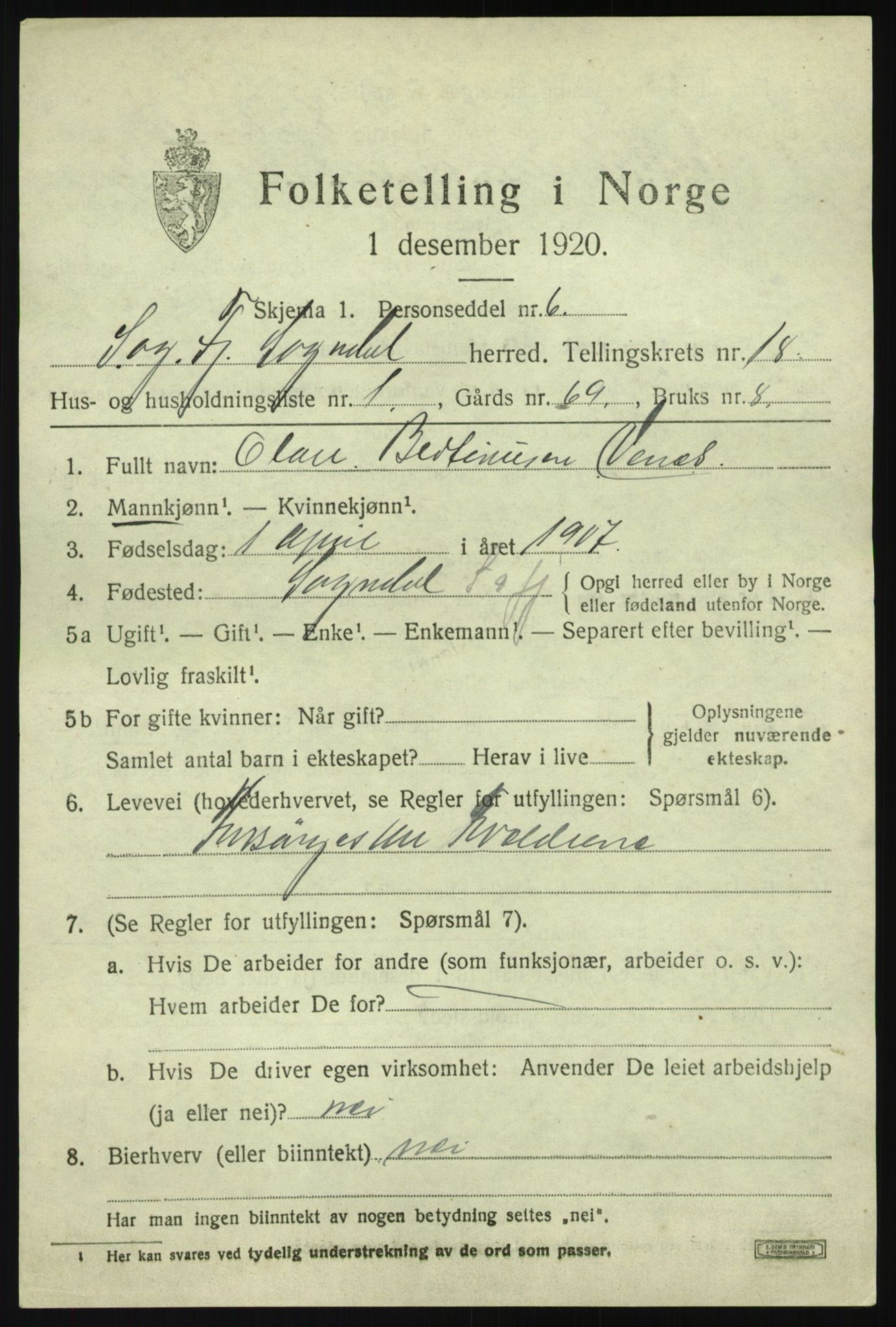 SAB, 1920 census for Sogndal, 1920, p. 6615