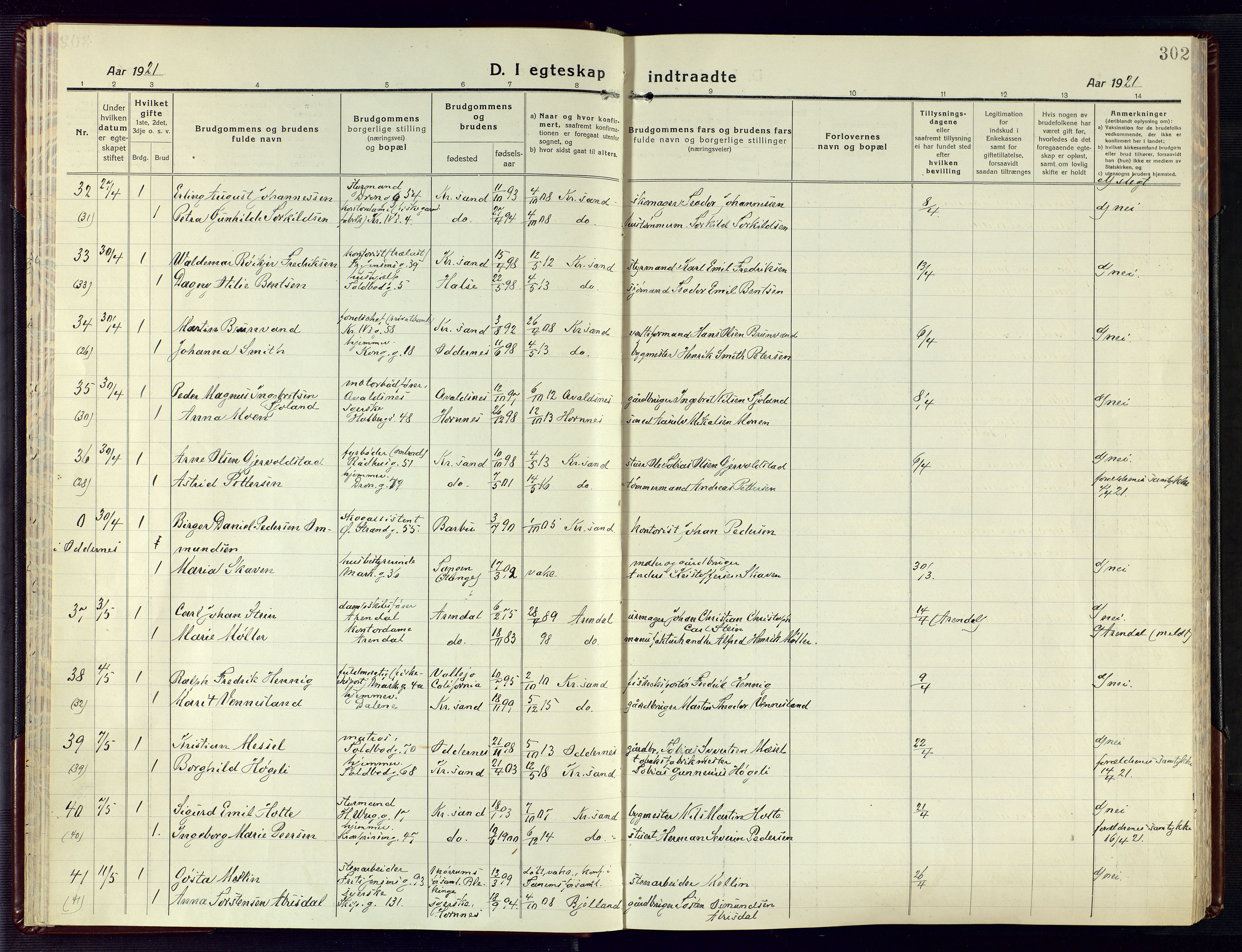 Kristiansand domprosti, AV/SAK-1112-0006/F/Fa/L0028: Parish register (official) no. A 27, 1917-1926, p. 302