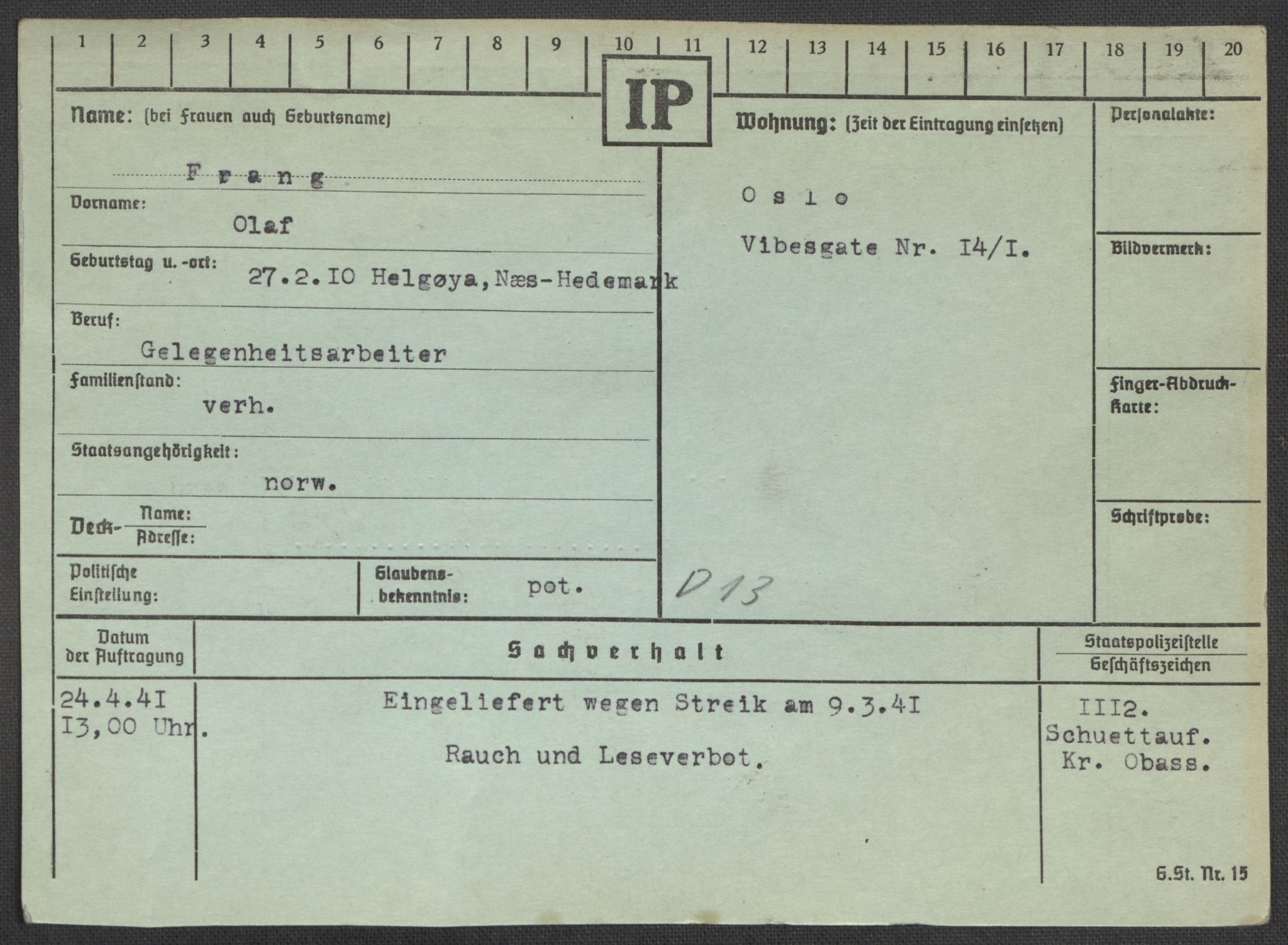 Befehlshaber der Sicherheitspolizei und des SD, RA/RAFA-5969/E/Ea/Eaa/L0003: Register over norske fanger i Møllergata 19: Eng-Hag, 1940-1945, p. 504