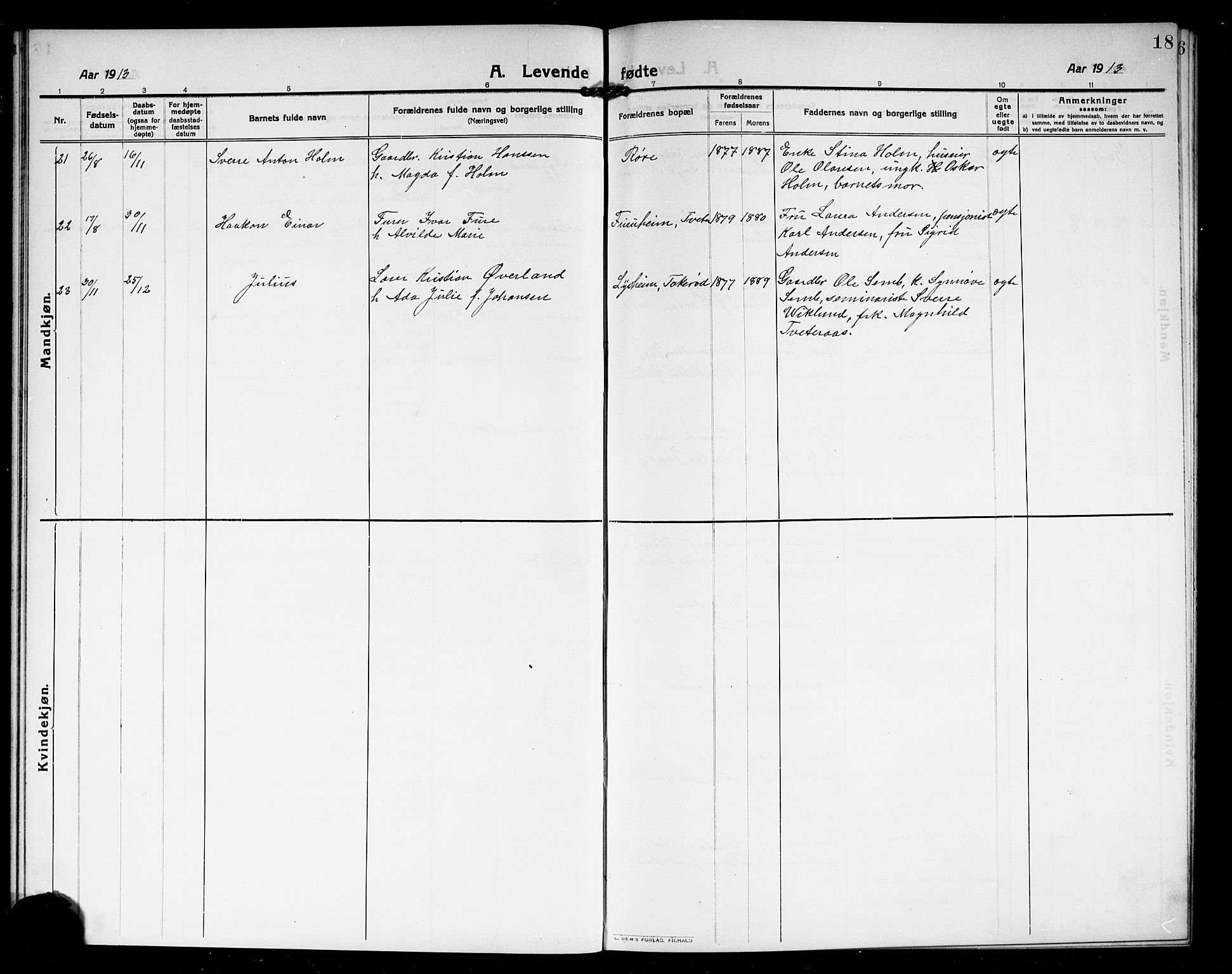 Borre kirkebøker, AV/SAKO-A-338/G/Ga/L0006: Parish register (copy) no. I 6, 1911-1919, p. 18