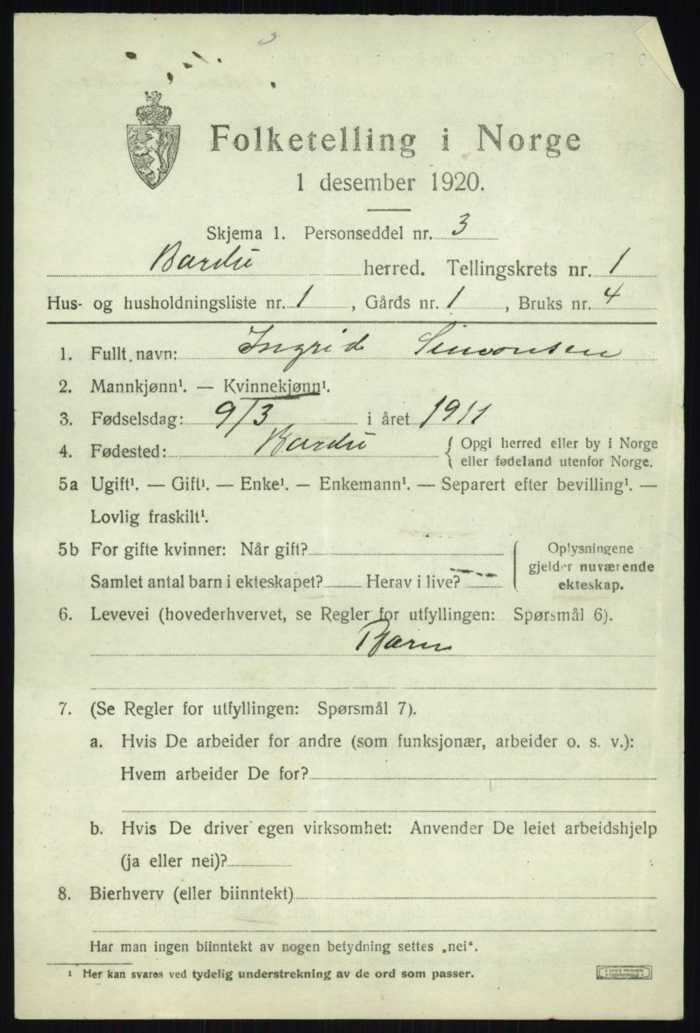 SATØ, 1920 census for Bardu, 1920, p. 631