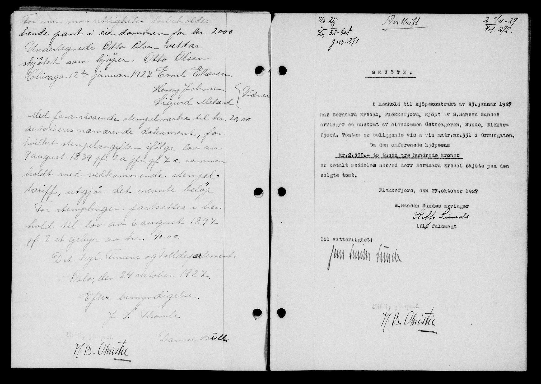 Flekkefjord sorenskriveri, SAK/1221-0001/G/Gb/Gba/L0043: Mortgage book no. 41, 1926-1927, Deed date: 01.11.1927