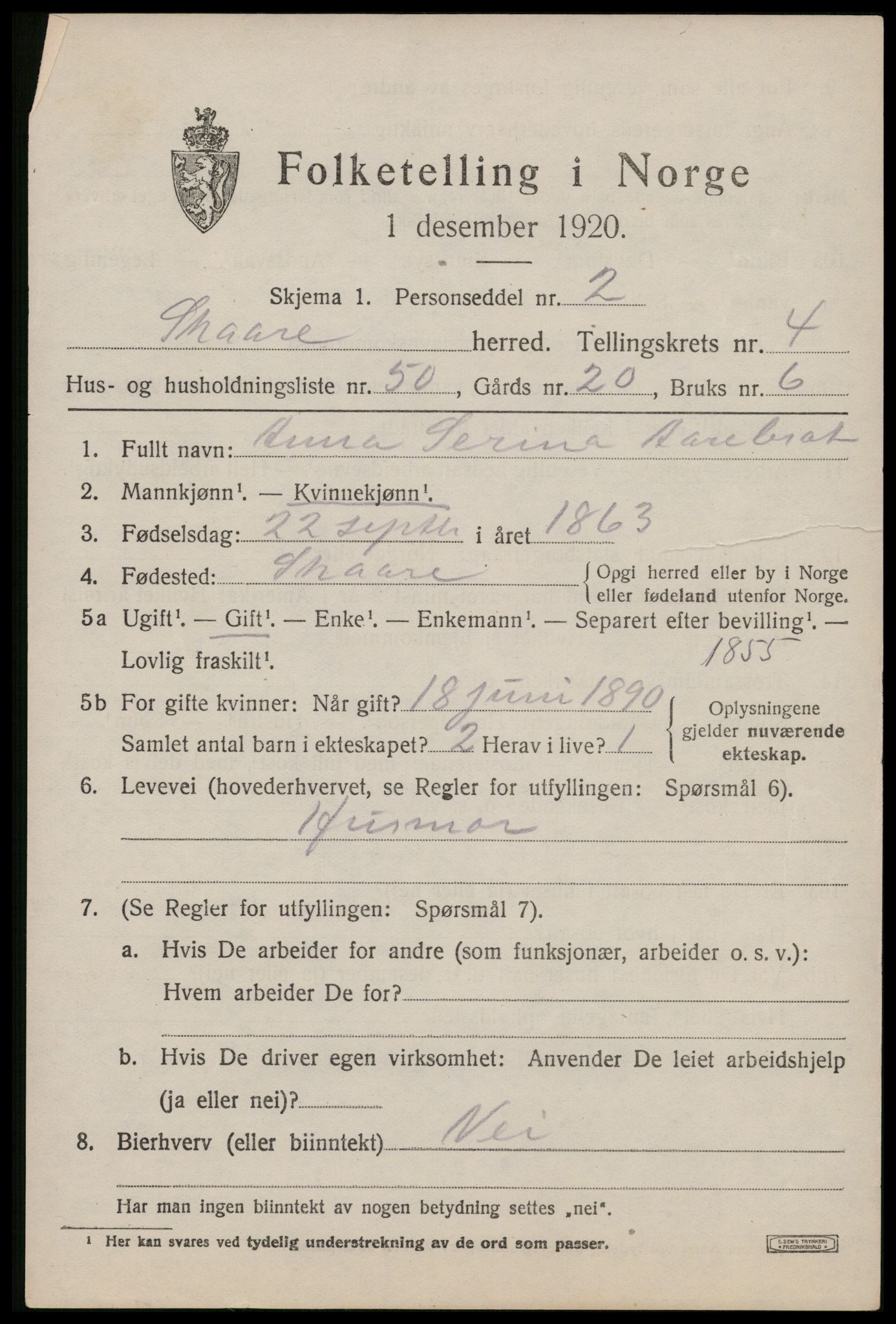 SAST, 1920 census for Skåre, 1920, p. 2686