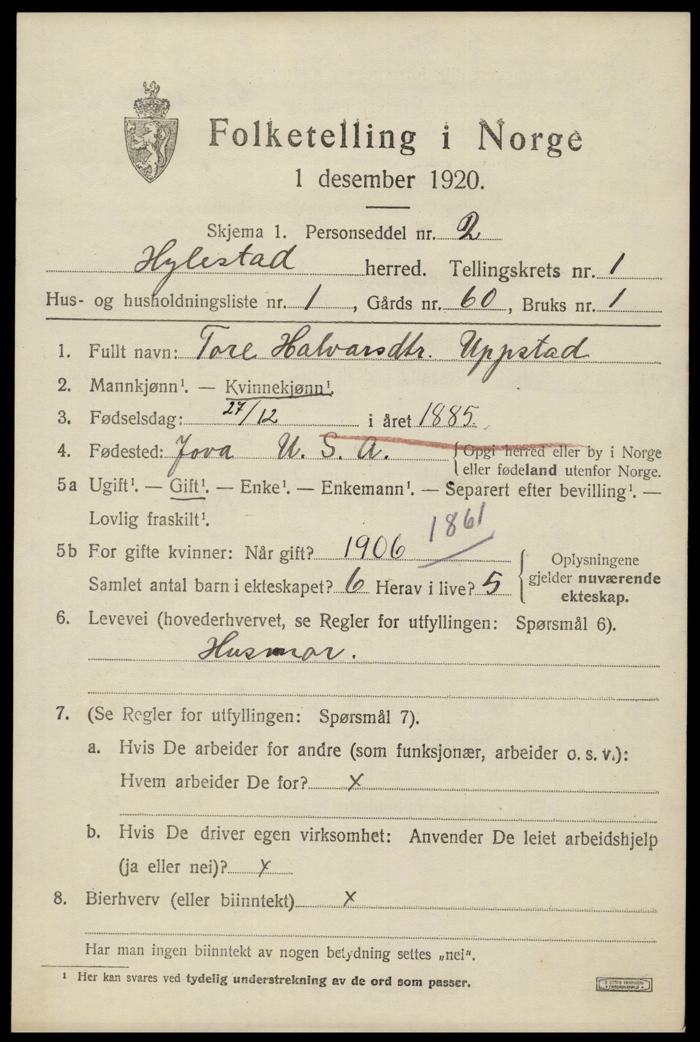 SAK, 1920 census for Hylestad, 1920, p. 282