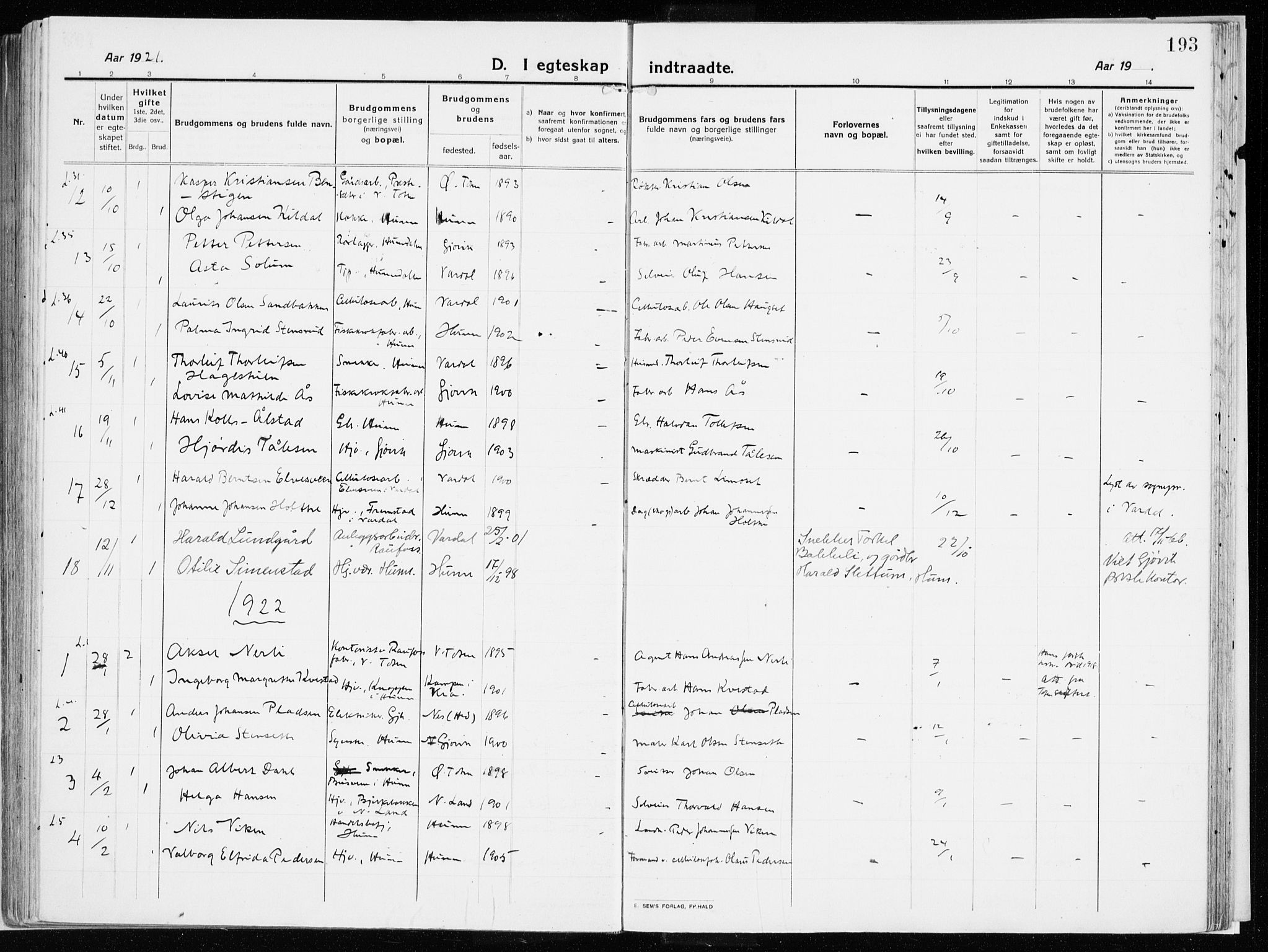 Vardal prestekontor, SAH/PREST-100/H/Ha/Haa/L0017: Parish register (official) no. 17, 1915-1929, p. 193