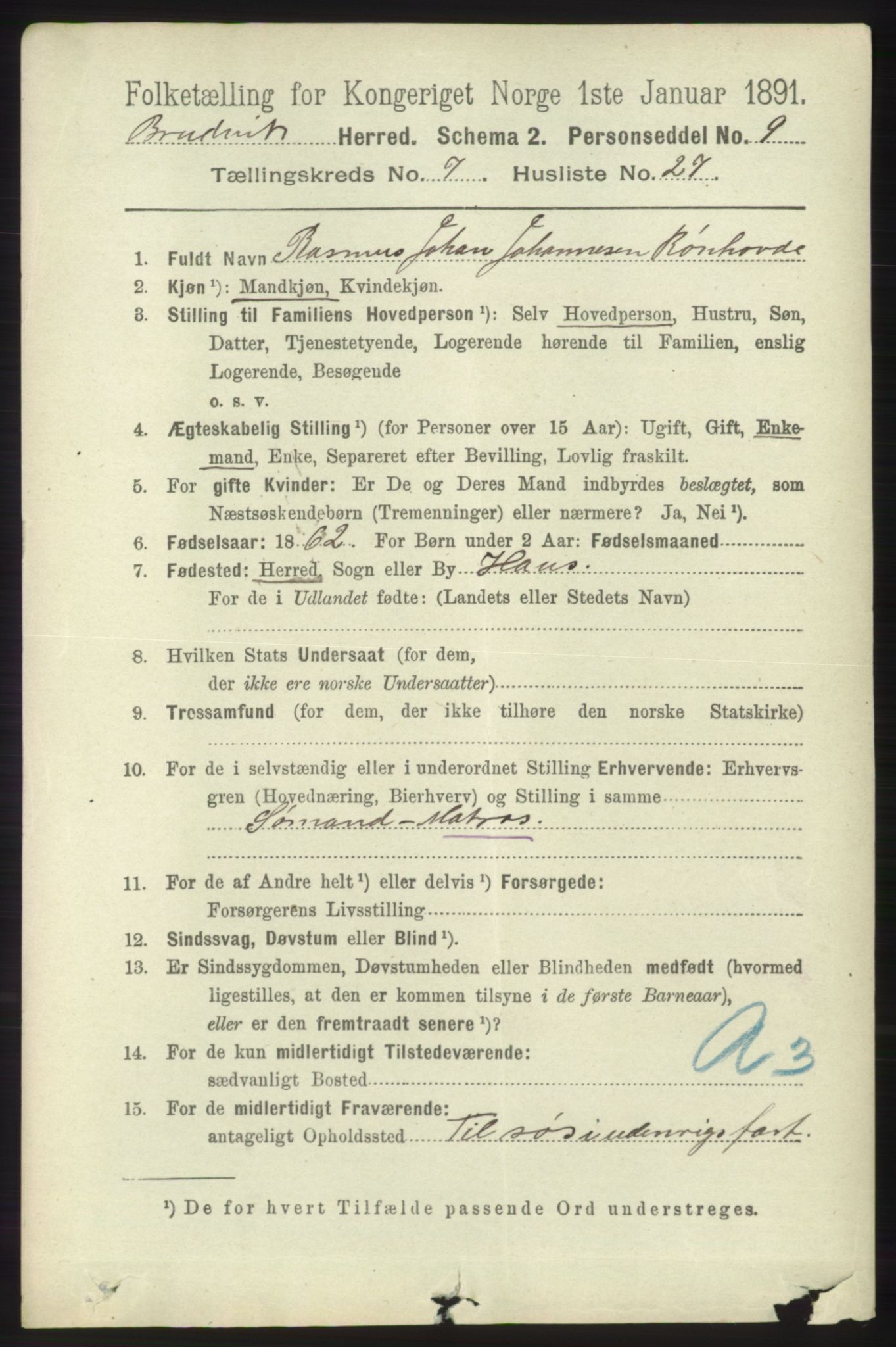 RA, 1891 census for 1251 Bruvik, 1891, p. 2859