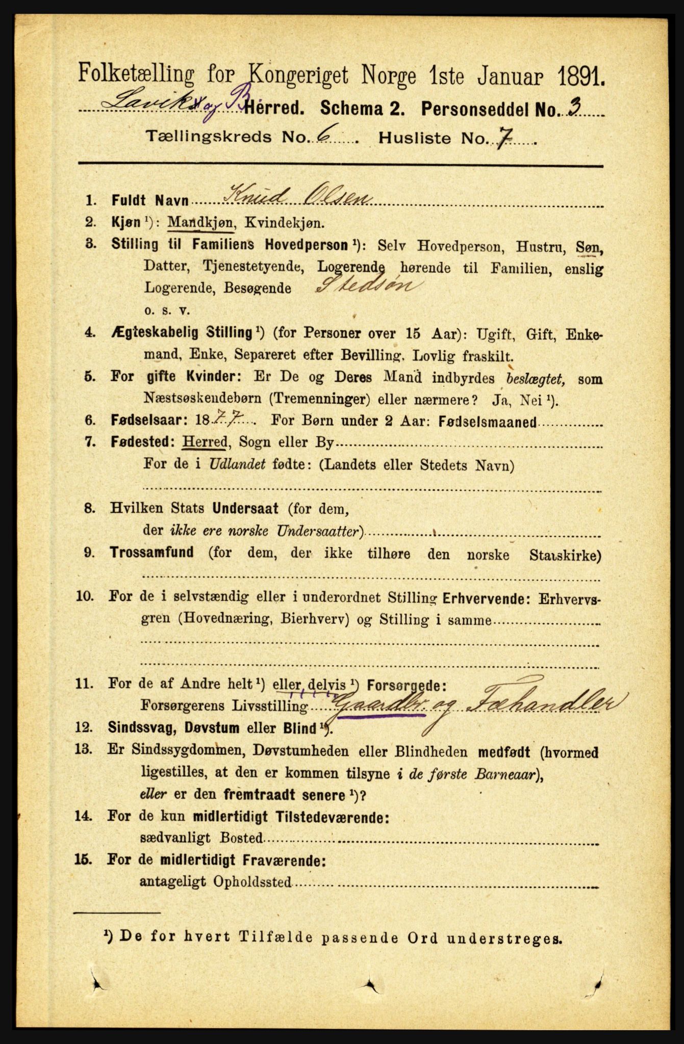 RA, 1891 census for 1415 Lavik og Brekke, 1891, p. 1180