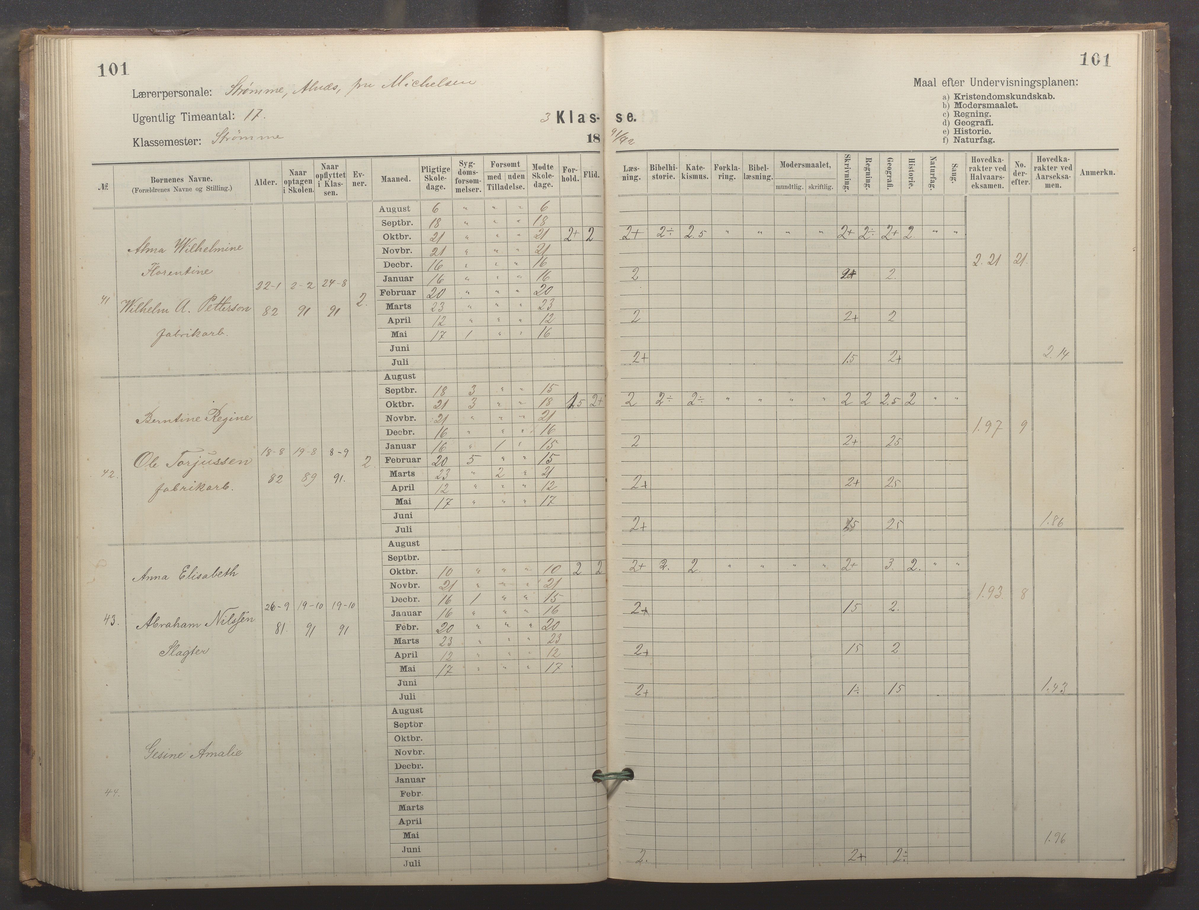 Egersund kommune (Ladested) - Egersund almueskole/folkeskole, IKAR/K-100521/H/L0024: Skoleprotokoll - Almueskolen, 3. klasse, 1887-1892, p. 101