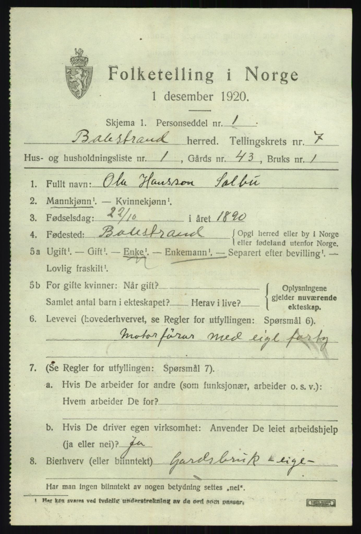 SAB, 1920 census for Balestrand, 1920, p. 3038