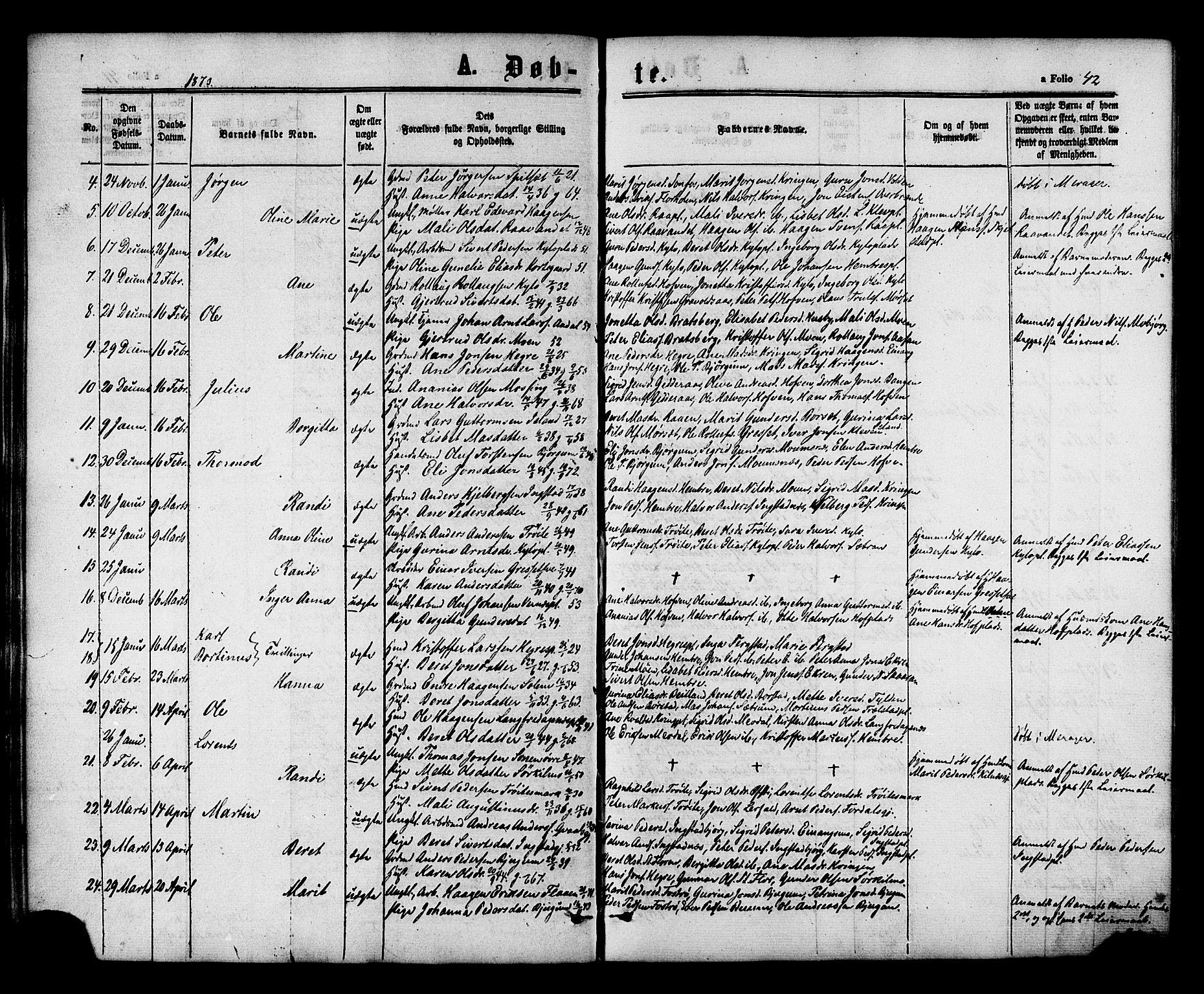 Ministerialprotokoller, klokkerbøker og fødselsregistre - Nord-Trøndelag, SAT/A-1458/703/L0029: Parish register (official) no. 703A02, 1863-1879, p. 42