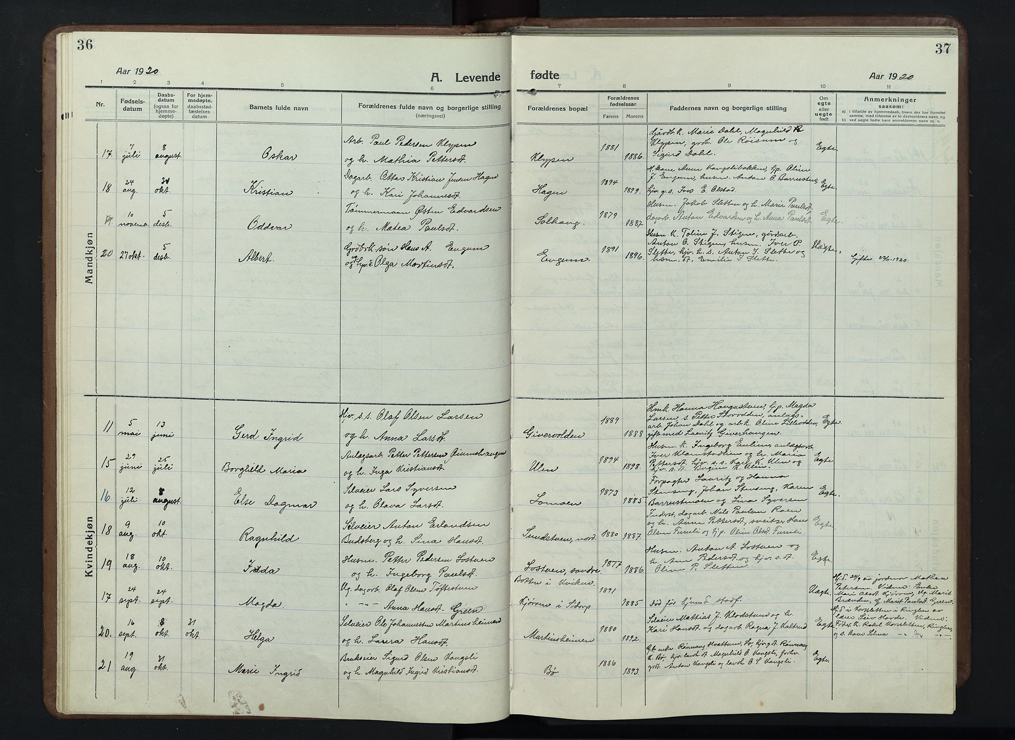 Nord-Fron prestekontor, SAH/PREST-080/H/Ha/Hab/L0007: Parish register (copy) no. 7, 1915-1946, p. 36-37