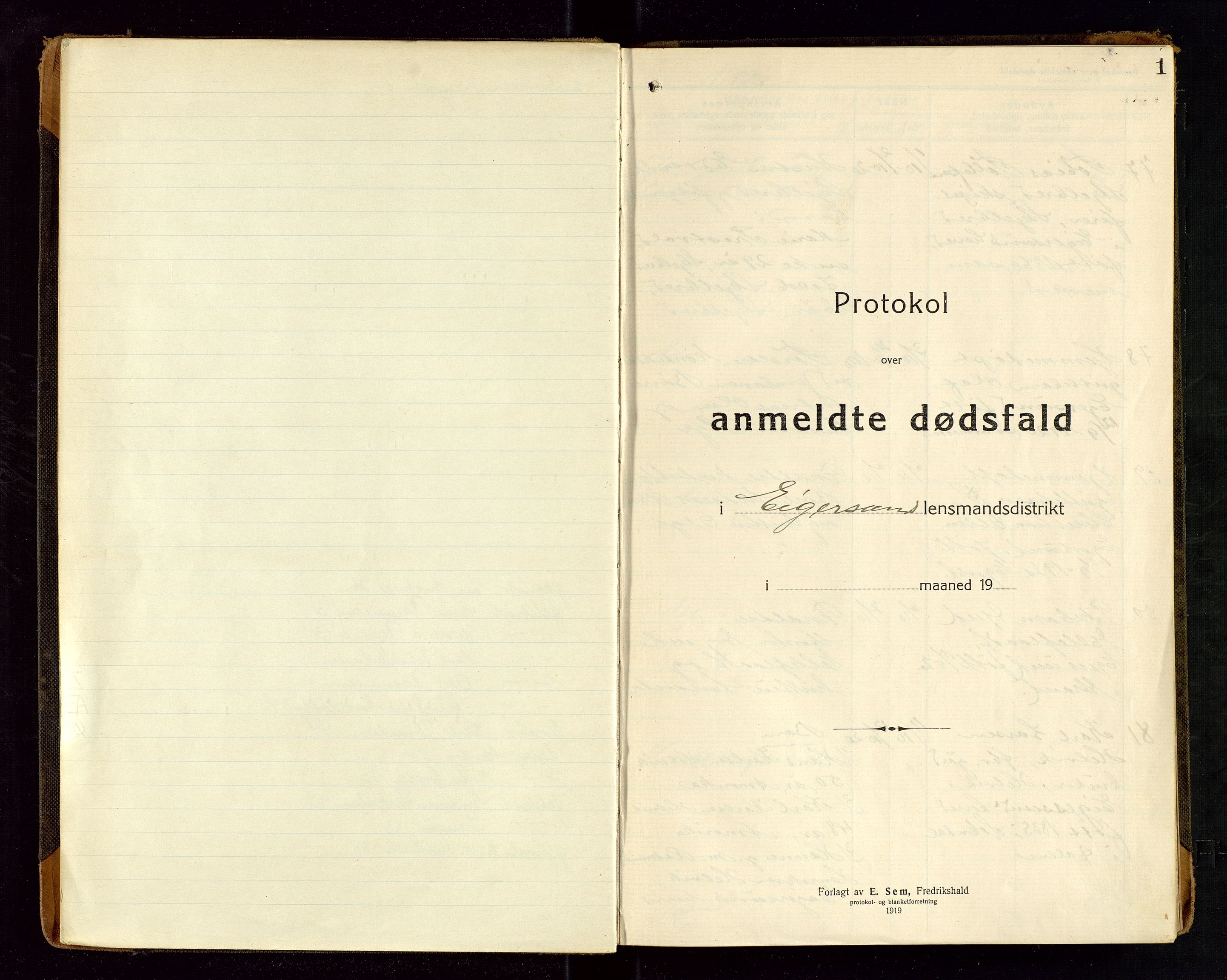 Eigersund lensmannskontor, SAST/A-100171/Gga/L0008: "Protokol over anmeldte dødsfald" m/alfabetisk navneregister, 1920-1922, p. 1