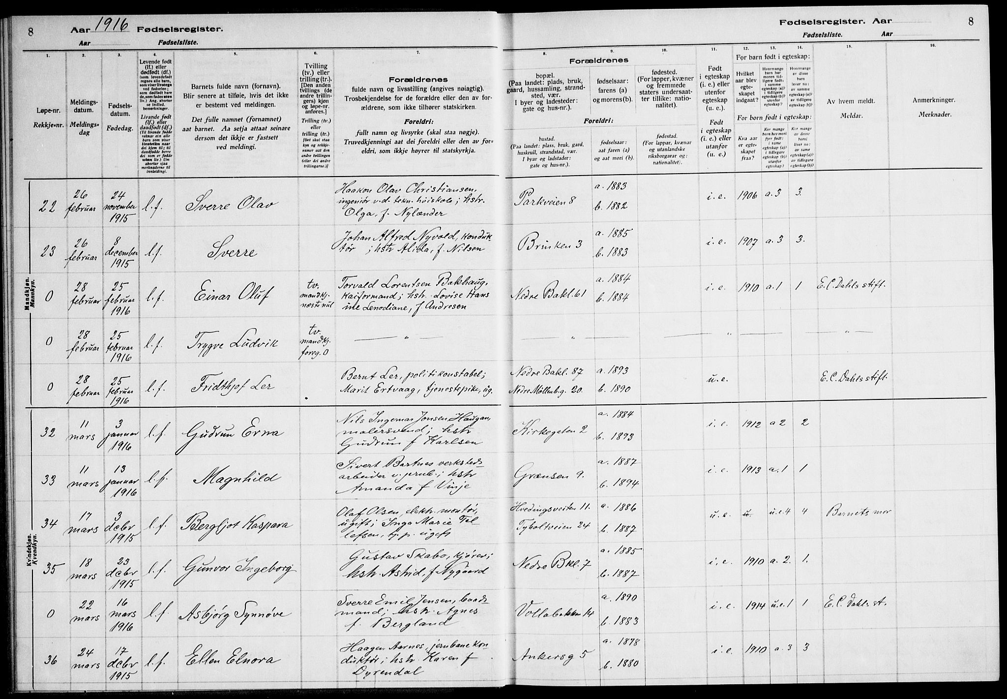 Ministerialprotokoller, klokkerbøker og fødselsregistre - Sør-Trøndelag, AV/SAT-A-1456/604/L0232: Birth register no. 604.II.4.1, 1916-1920, p. 8