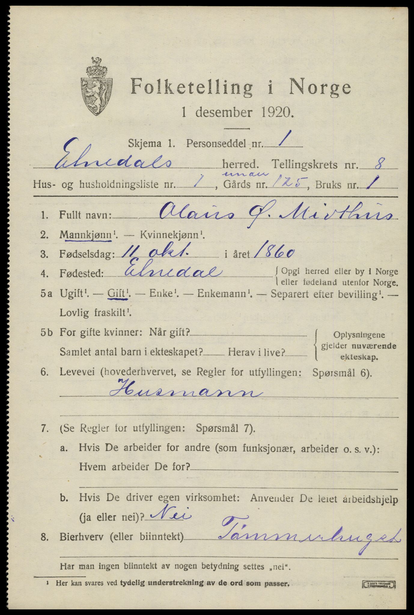 SAH, 1920 census for Etnedal, 1920, p. 3508