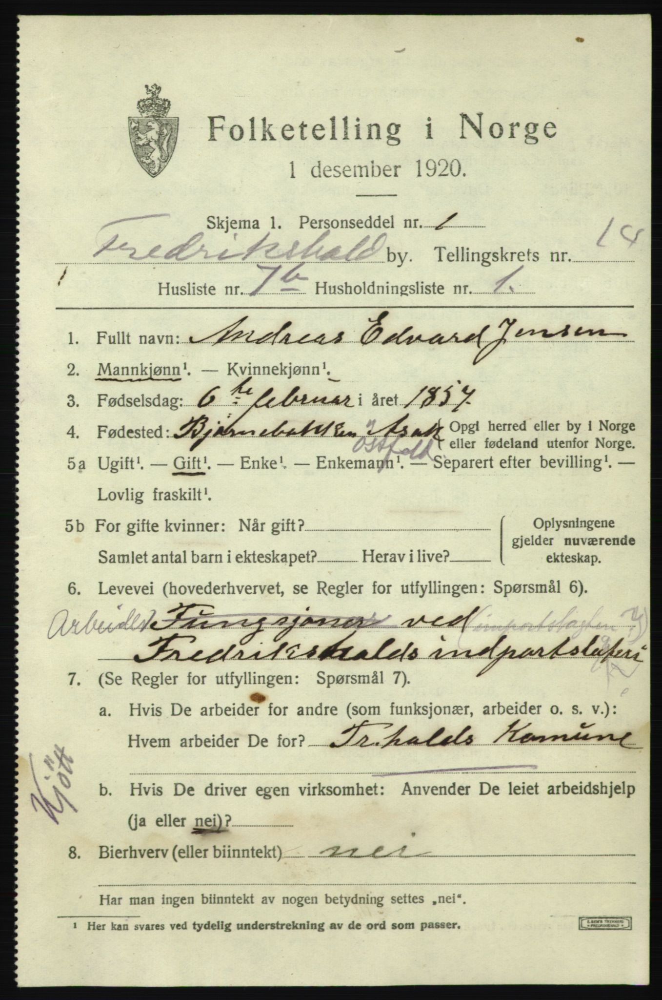SAO, 1920 census for Fredrikshald, 1920, p. 22399