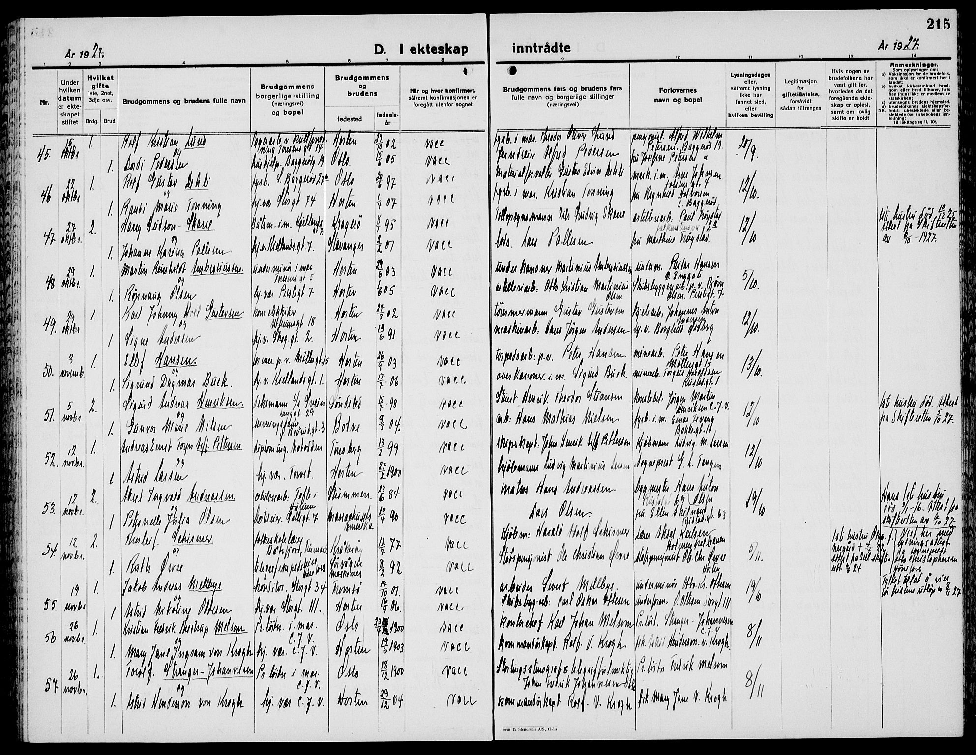 Horten kirkebøker, AV/SAKO-A-348/G/Ga/L0009: Parish register (copy) no. 9, 1926-1936, p. 215